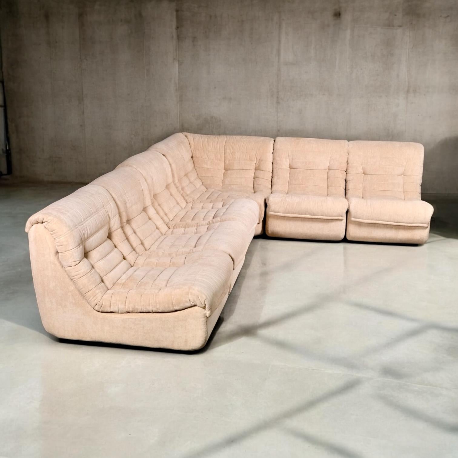 French Cream velvet sectional sofa or living room set by Erton, France, 1970s