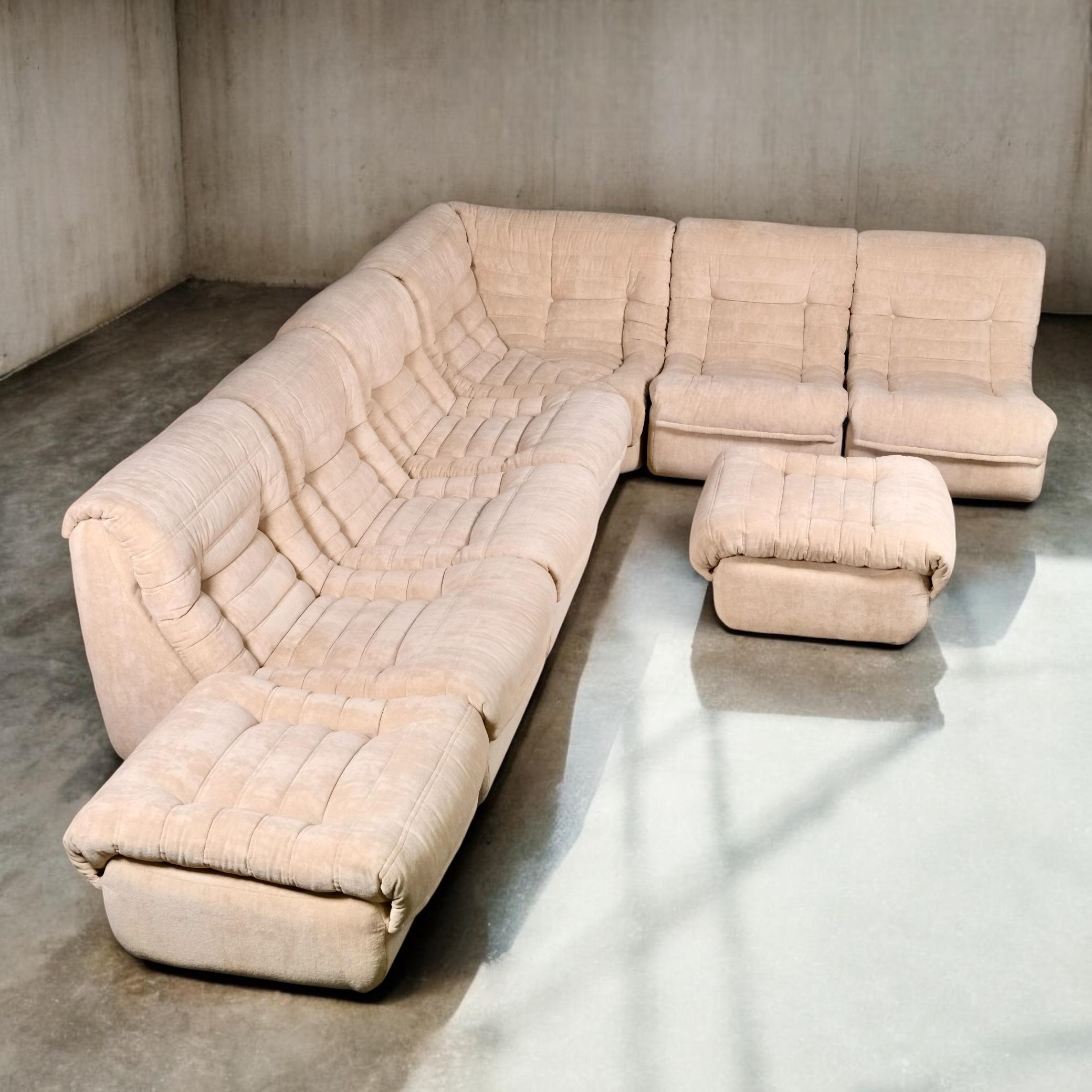 Cream velvet sectional sofa or living room set by Erton, France, 1970s In Good Condition In Lyon, FR
