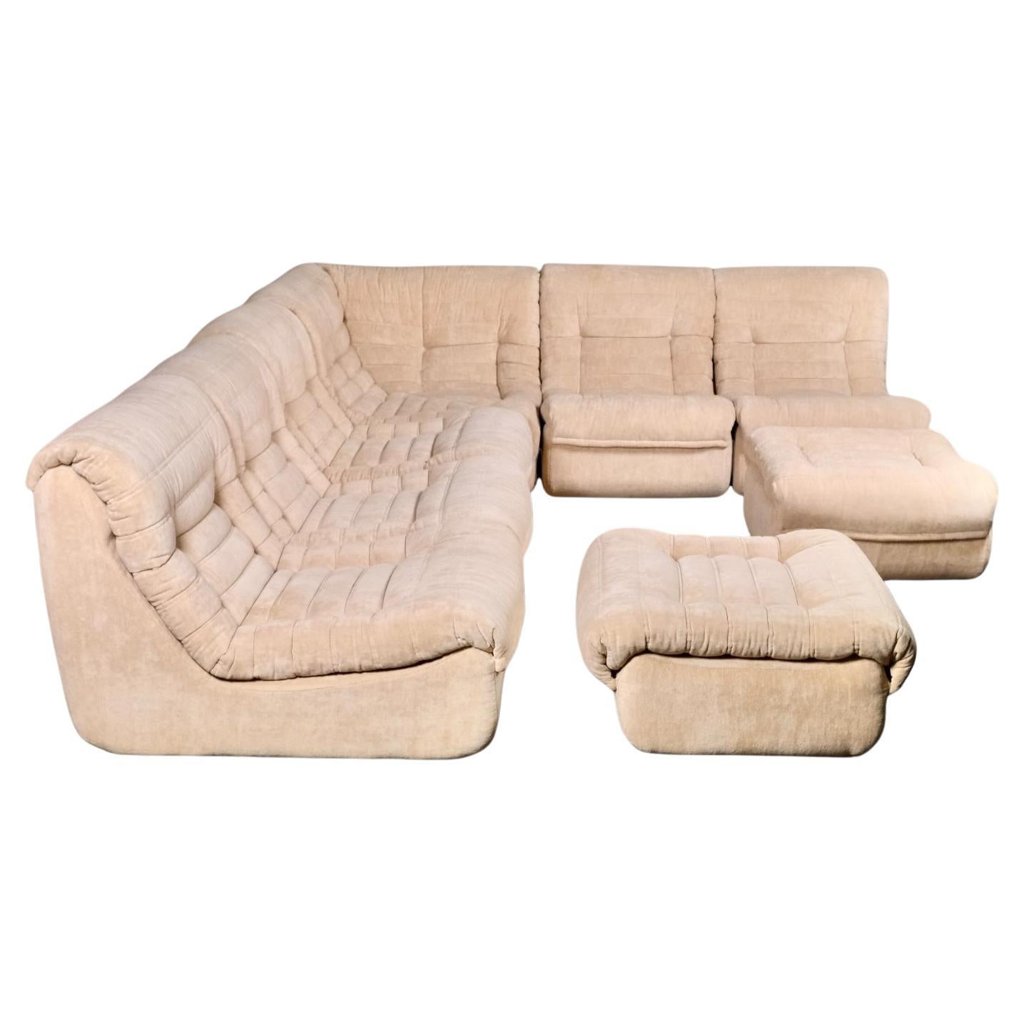 Cream velvet sectional sofa or living room set by Erton, France, 1970s
