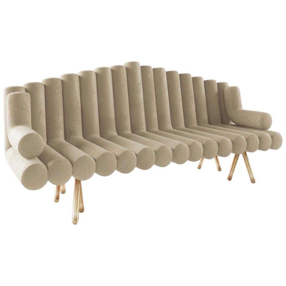 Cream Velvet Sofa with Brass Legs For Sale