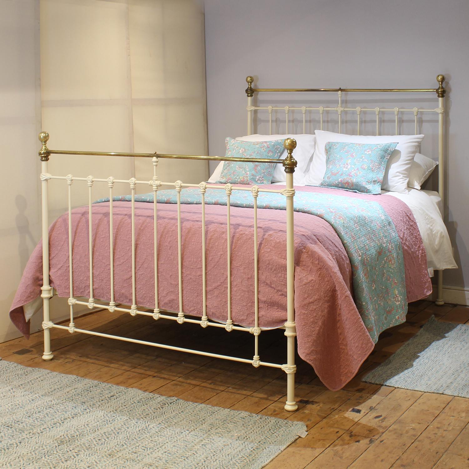 An attractive cast iron antique bed finished in cream with straight brass top rails and simple castings.

This bed accepts a UK king size or US queen size (5ft, 60in or 150cm wide) base and mattress set.

The price includes a standard firm bed base