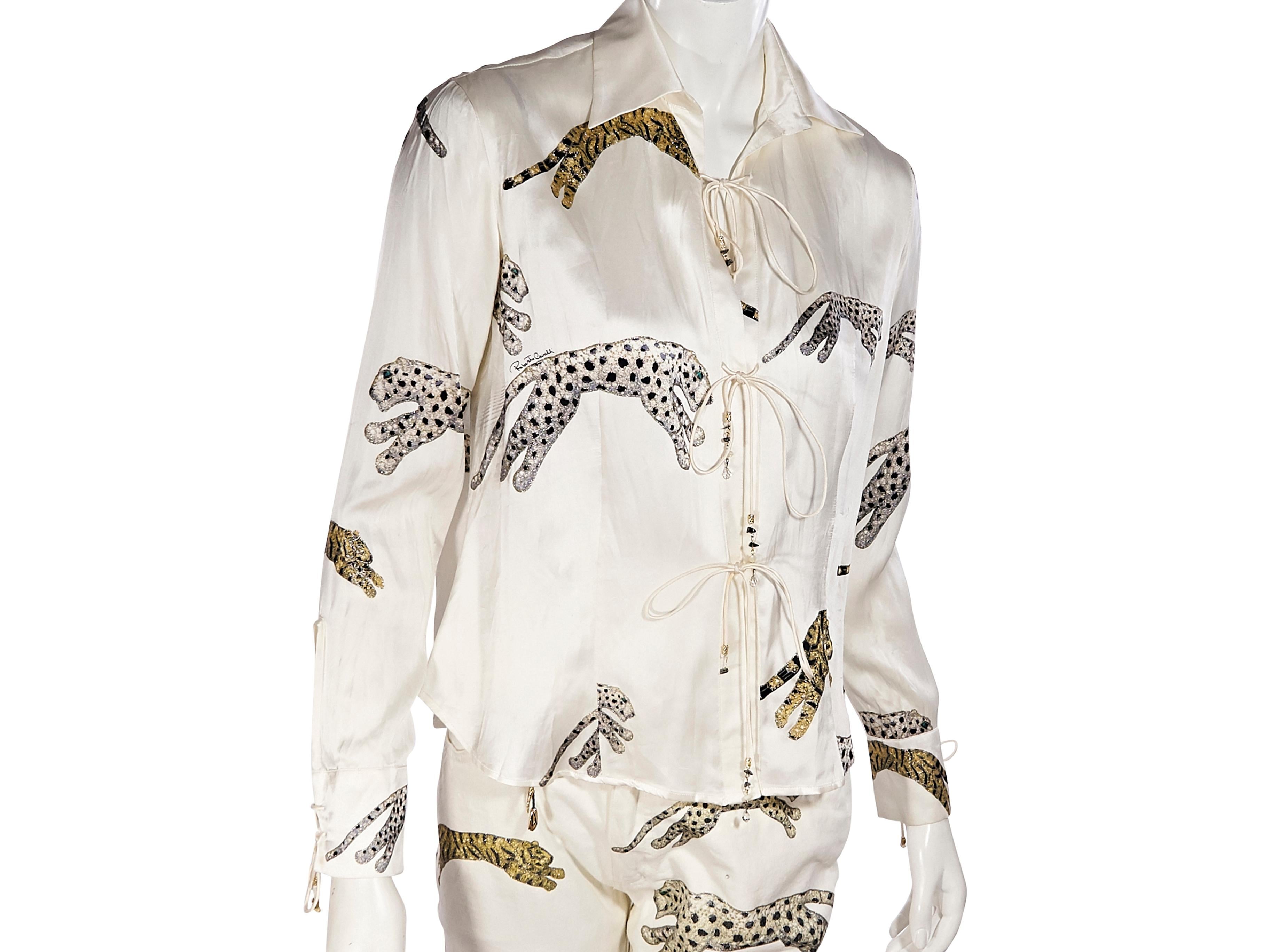 Cream Vintage Roberto Cavalli 1990s Tiger Blouse & Jean Set In Good Condition In New York, NY