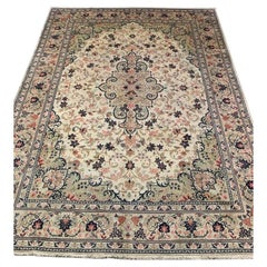 Cream Vintage Rug, Indian Kashan Design Floral Carpet for Home Decor