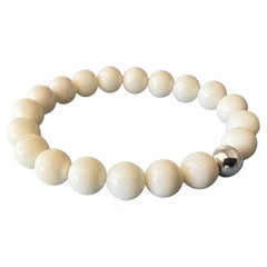 Bracelet de perles rondes en bambou blanc crème J Dauphin en argent