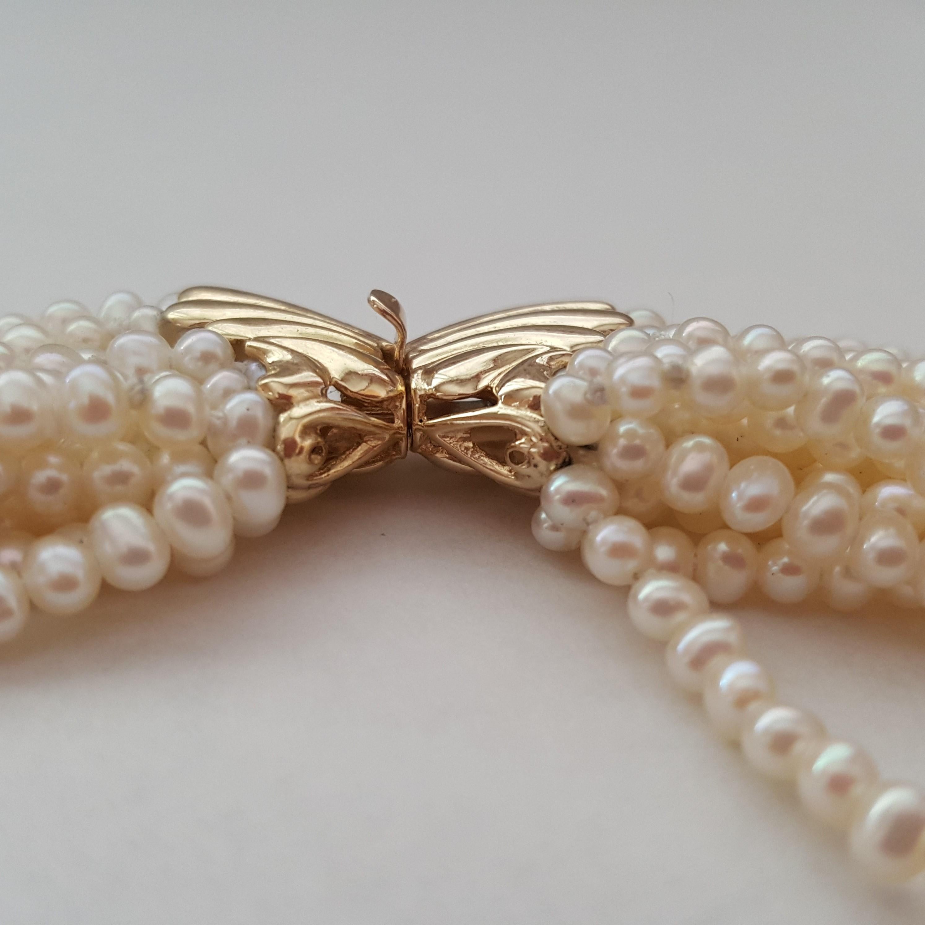 Modern Cream White Grade AA Pearl Necklace Multi-Strand 14kt Butterfly Clasp, 20 Inches