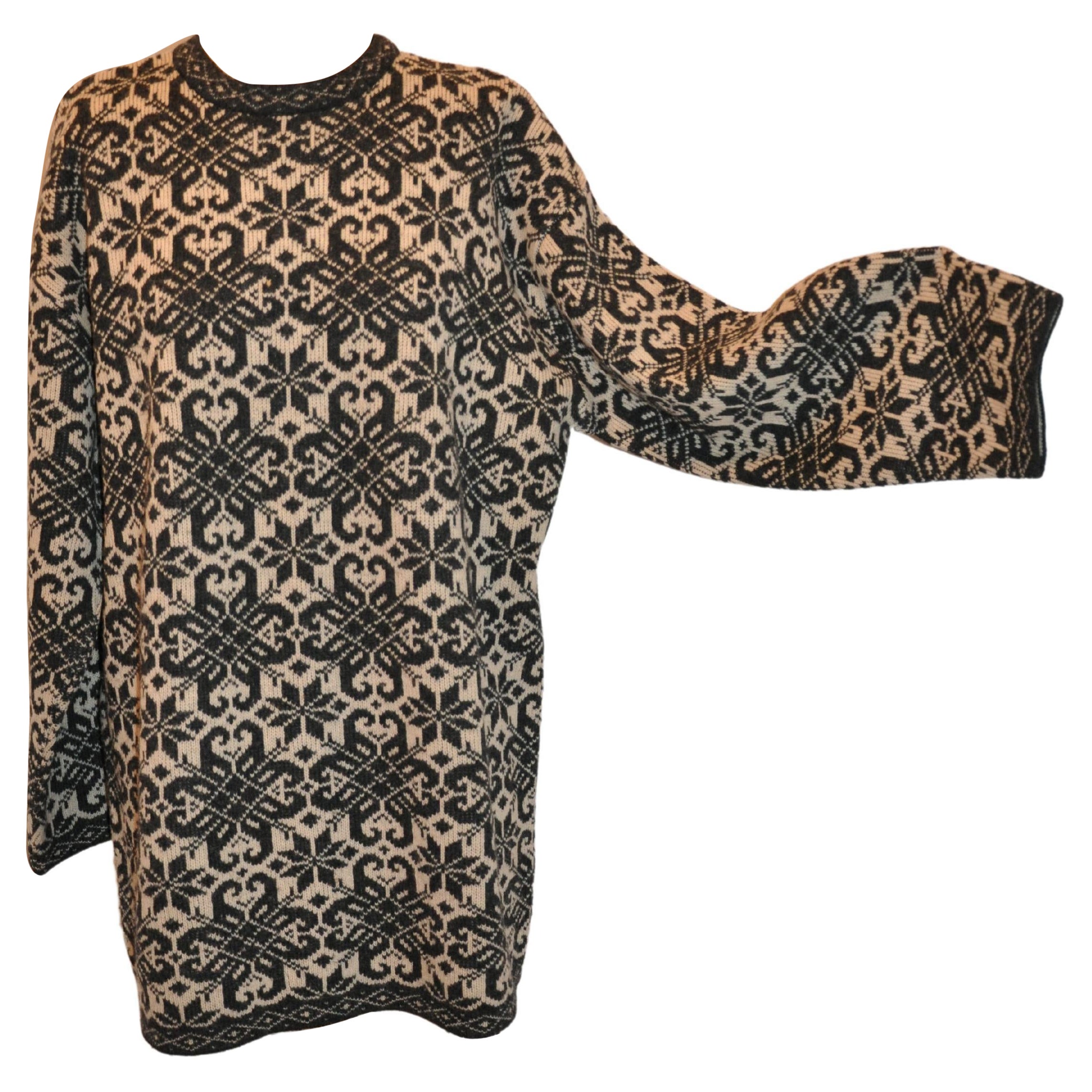 Crema con Motivo Negro Detallado Cuello de Crew Jersey de Hombre de Lana Laína