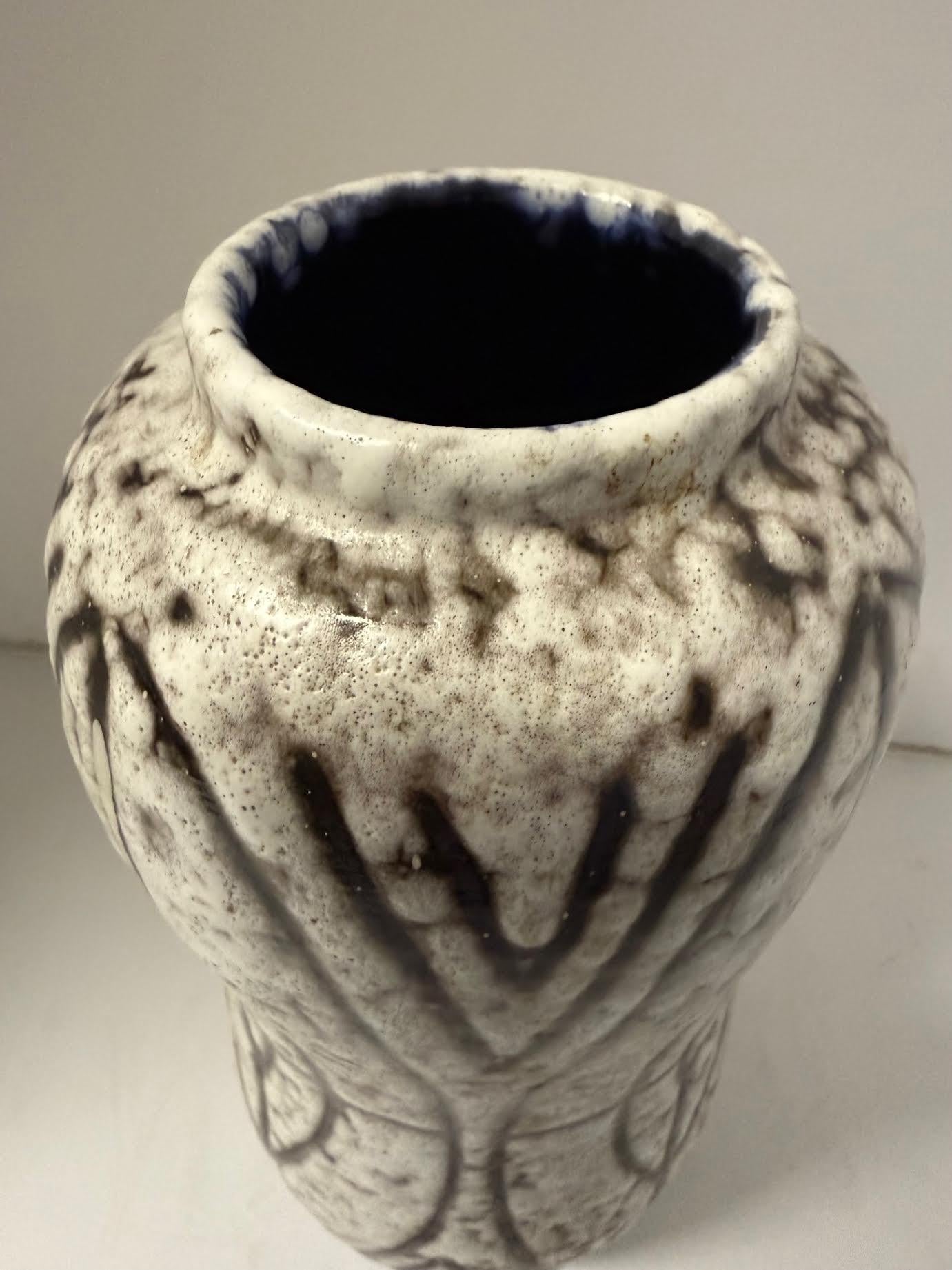 Hungarian Cream With Brown Geometric Design Brutalist Vase, Hungary, 1940s For Sale