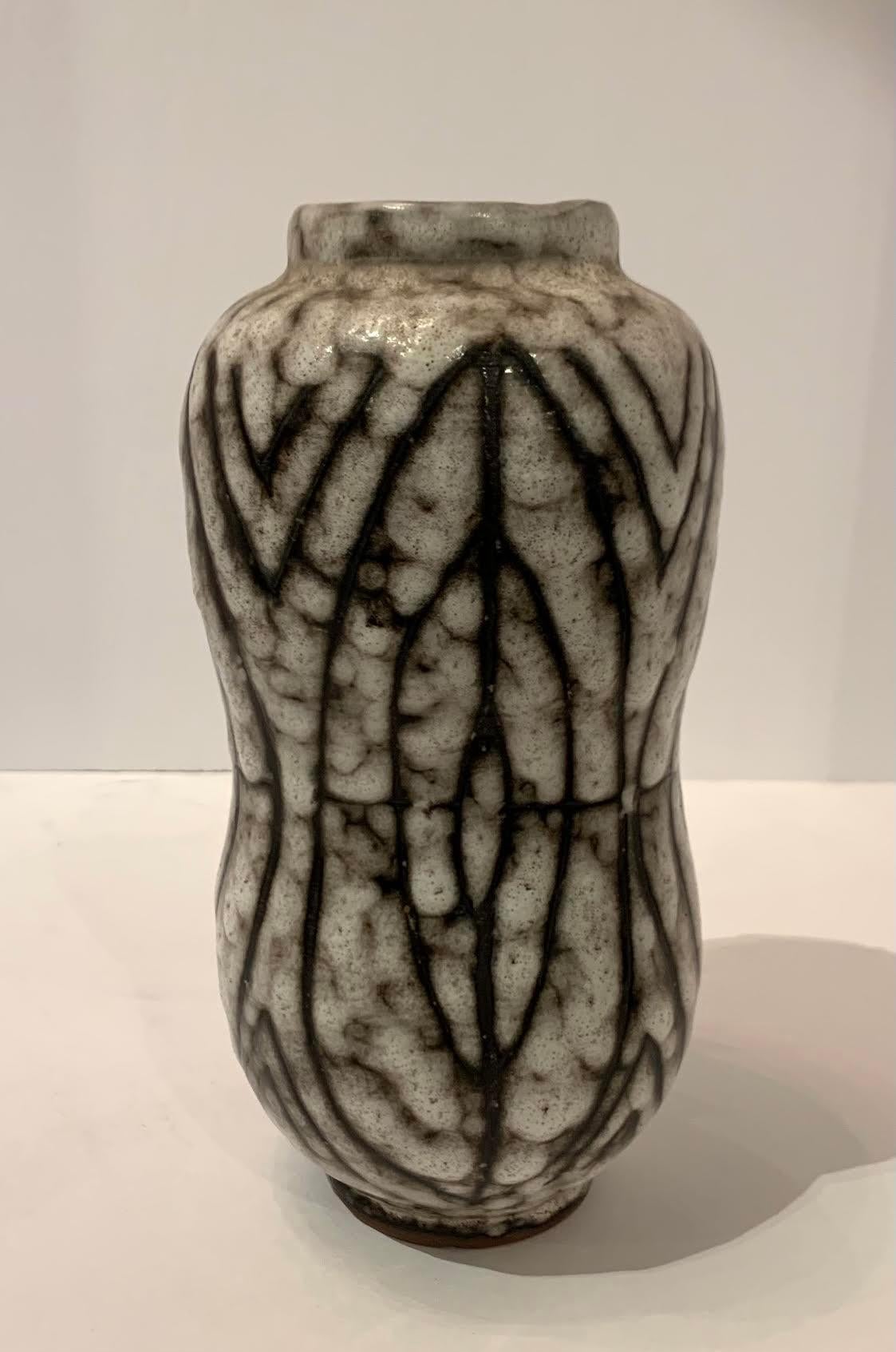 Chinese Cream With Brown Vertical Oval Pattern Vase, China, Contemporary For Sale