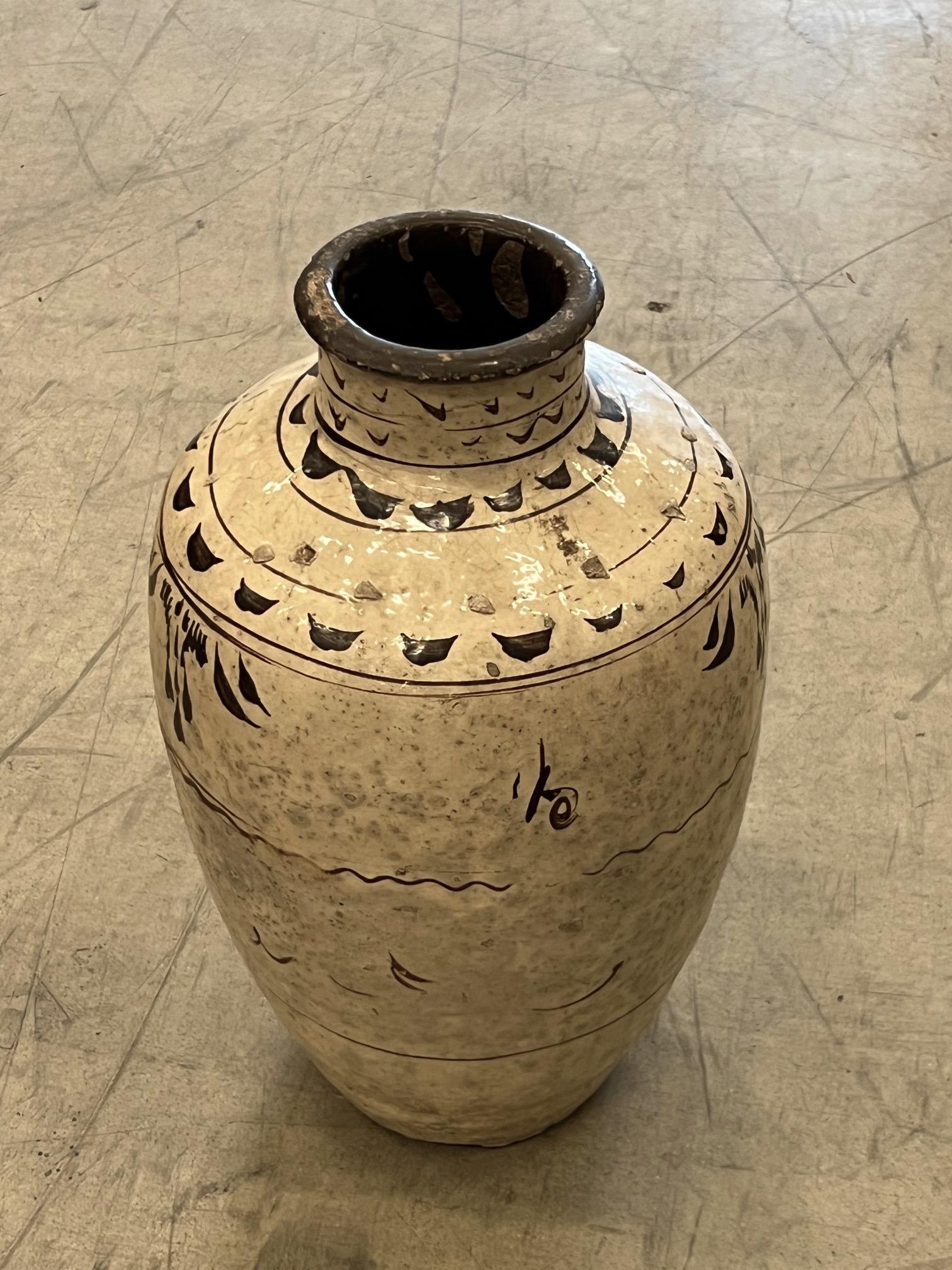Grand vase chinois du 19e siècle en terre cuite à fond crème et brun foncé.
peinture décorative.
Garniture d'encolure marron foncé solide.
Issue d'une collection de trois pièces vendues à l'unité.