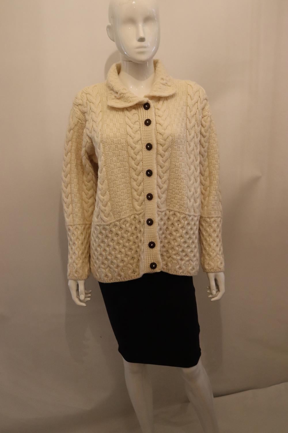 Brown Cream Wool Aran Knit Cardigan /Jacket For Sale