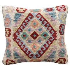Cream Wool Kilim Cushion Cover Handwoven Wine Red Wool Scatter Pillow
