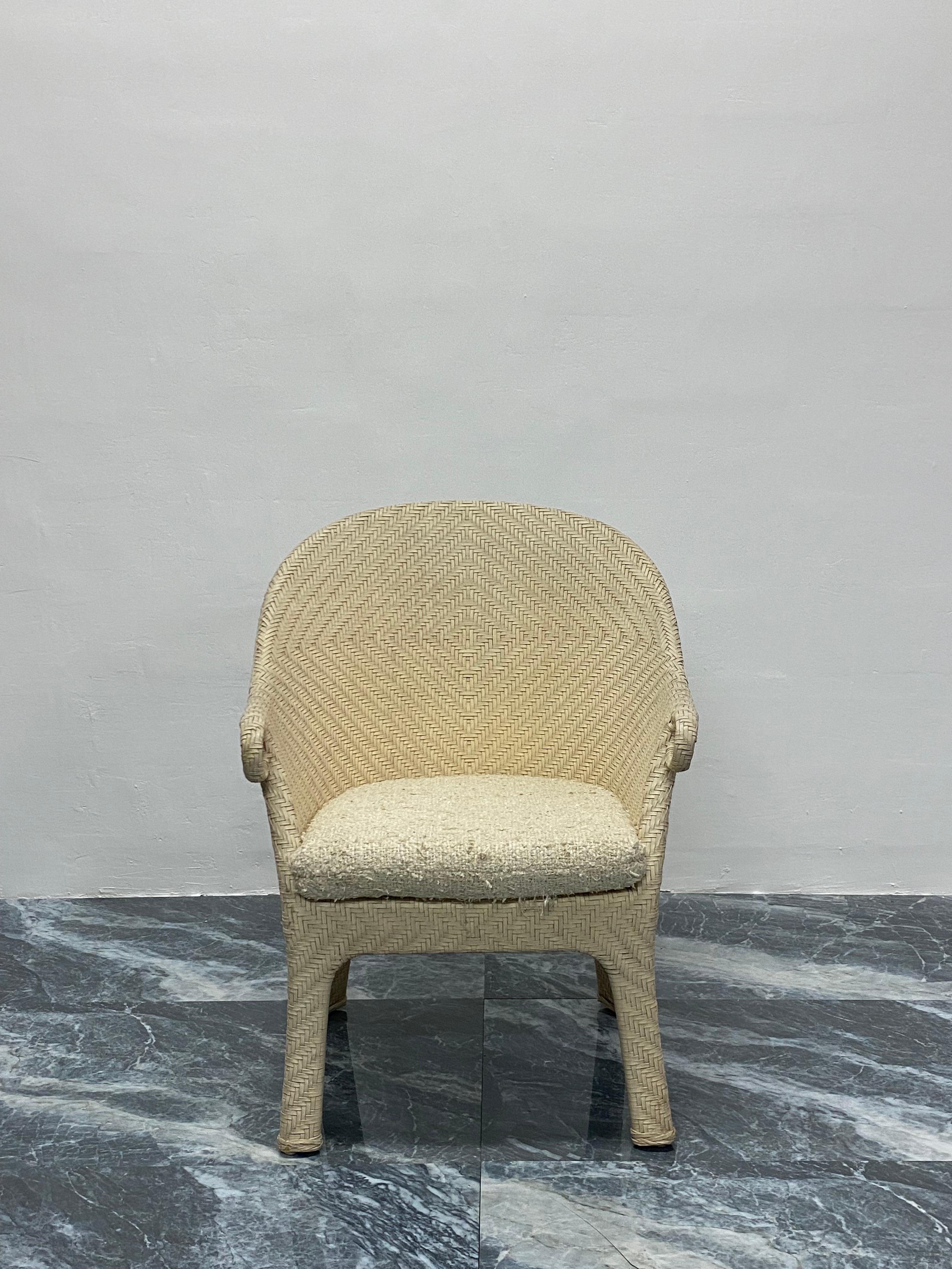 Cream woven leather occasional armchair with original boucle cushioned seat. Use with existing upholstery or have recovered.