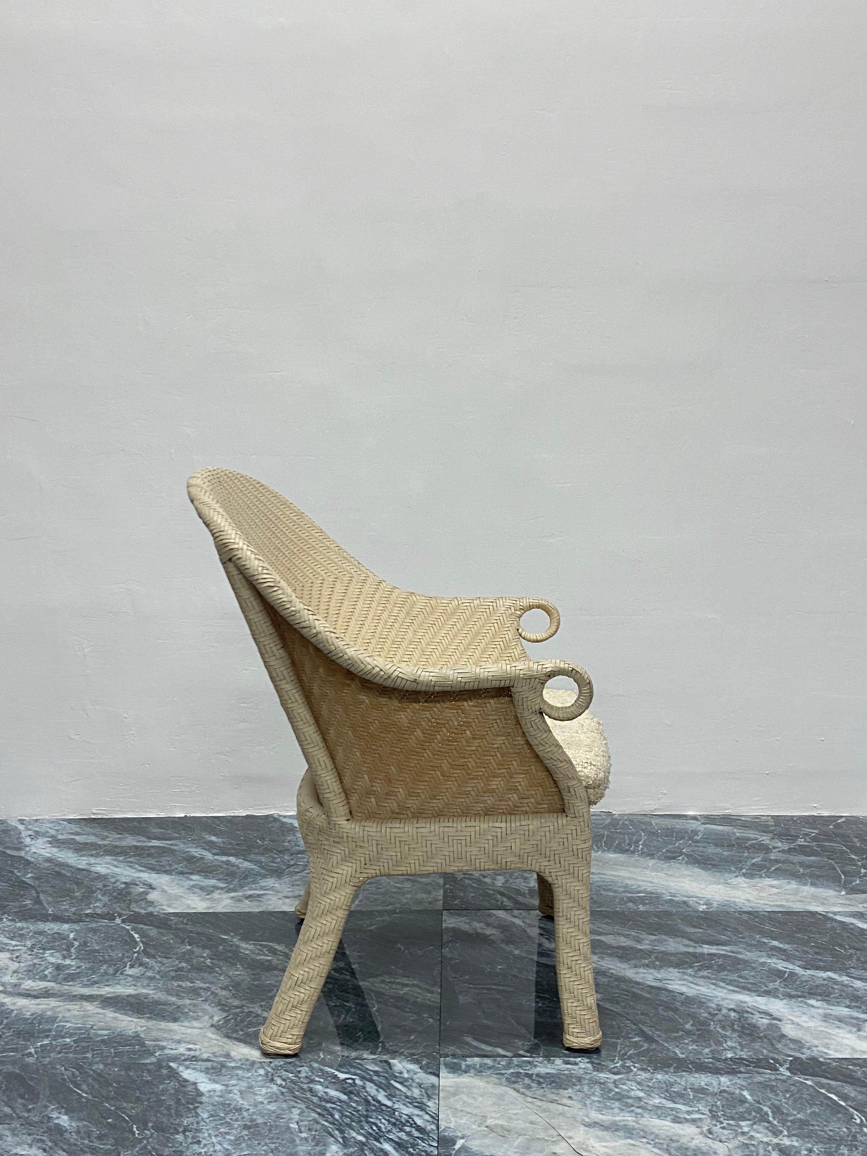 Cream Woven Leather Arm Chair with Original Boucle Cushioned Seat In Good Condition For Sale In Miami, FL