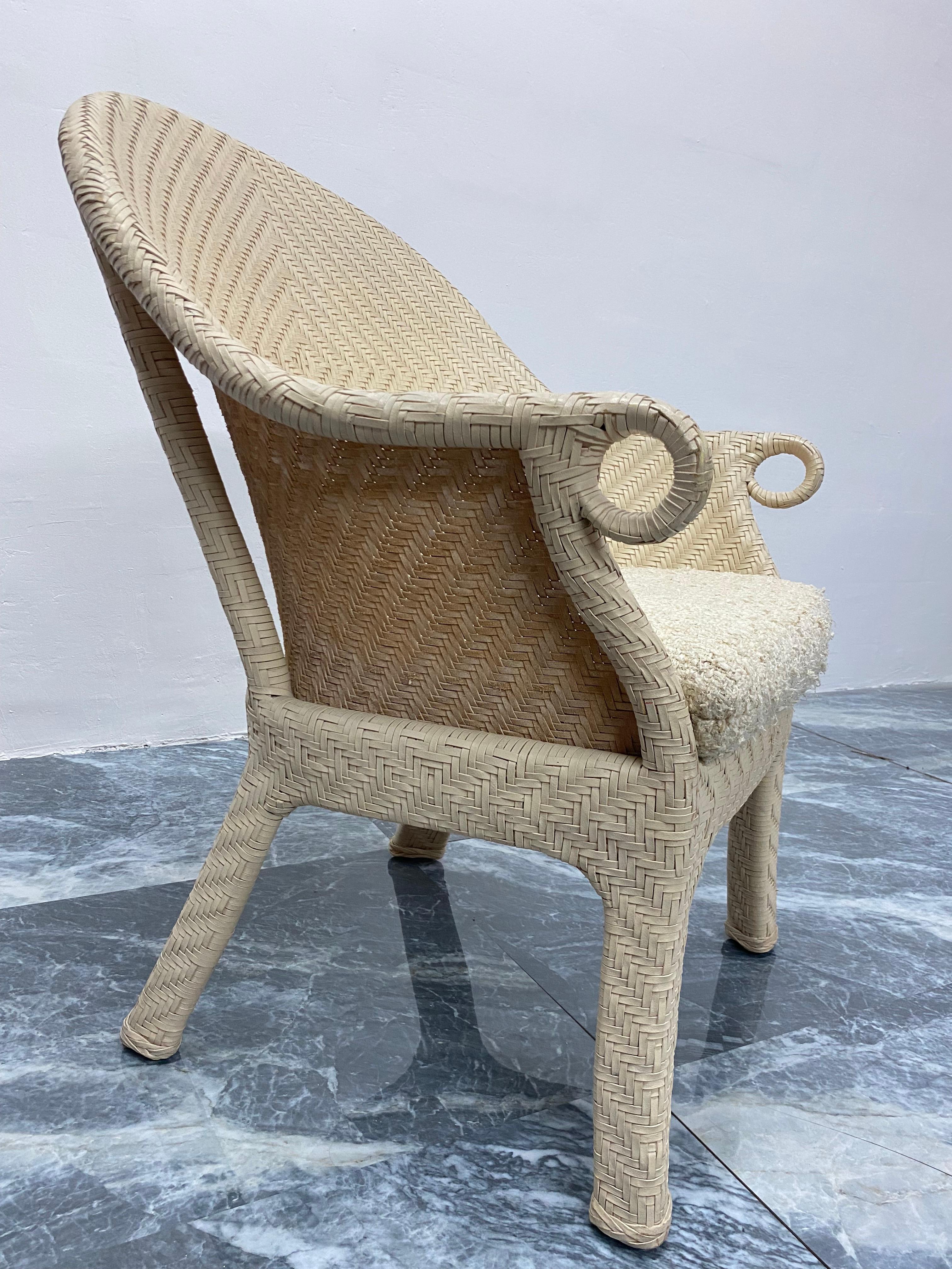 20th Century Cream Woven Leather Arm Chair with Original Boucle Cushioned Seat For Sale