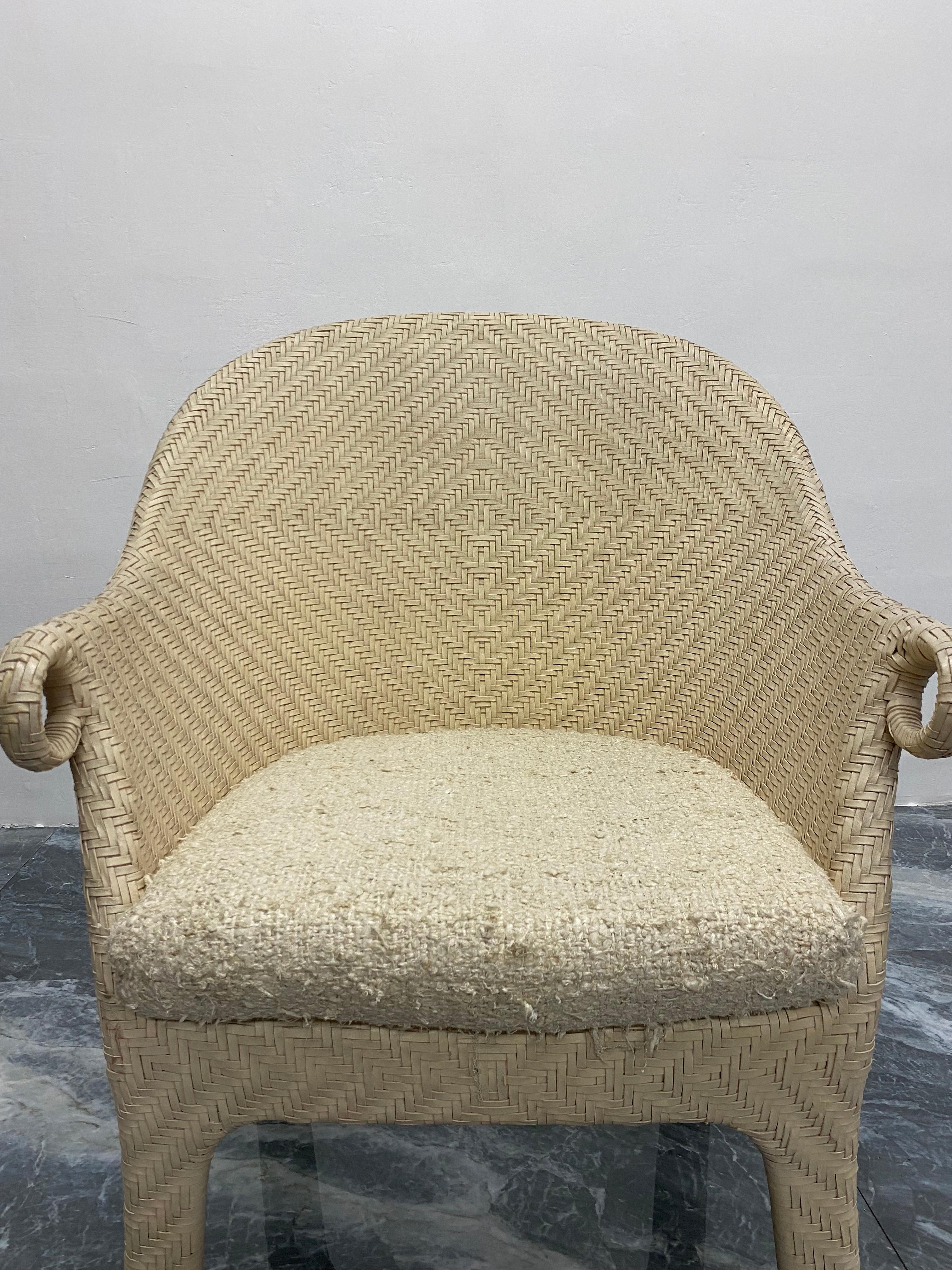 Cream Woven Leather Arm Chair with Original Boucle Cushioned Seat For Sale 1