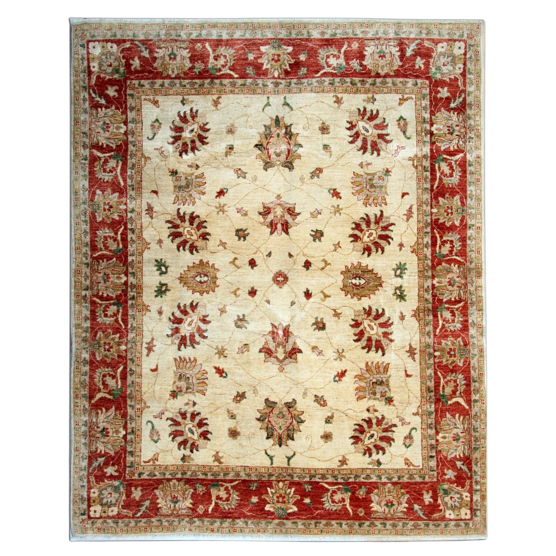 Cream Ziegler Rug Floral Oriental Carpet, Wool Hand Knotted Floor Rug For Sale