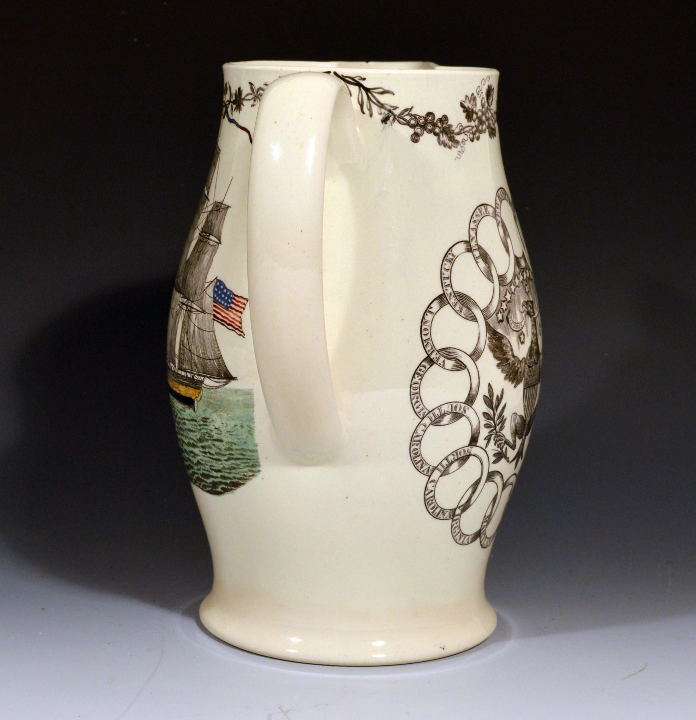 Creamware American-Market Ship Jug with Fifteen State and Eagle Design on Back In Good Condition In Downingtown, PA