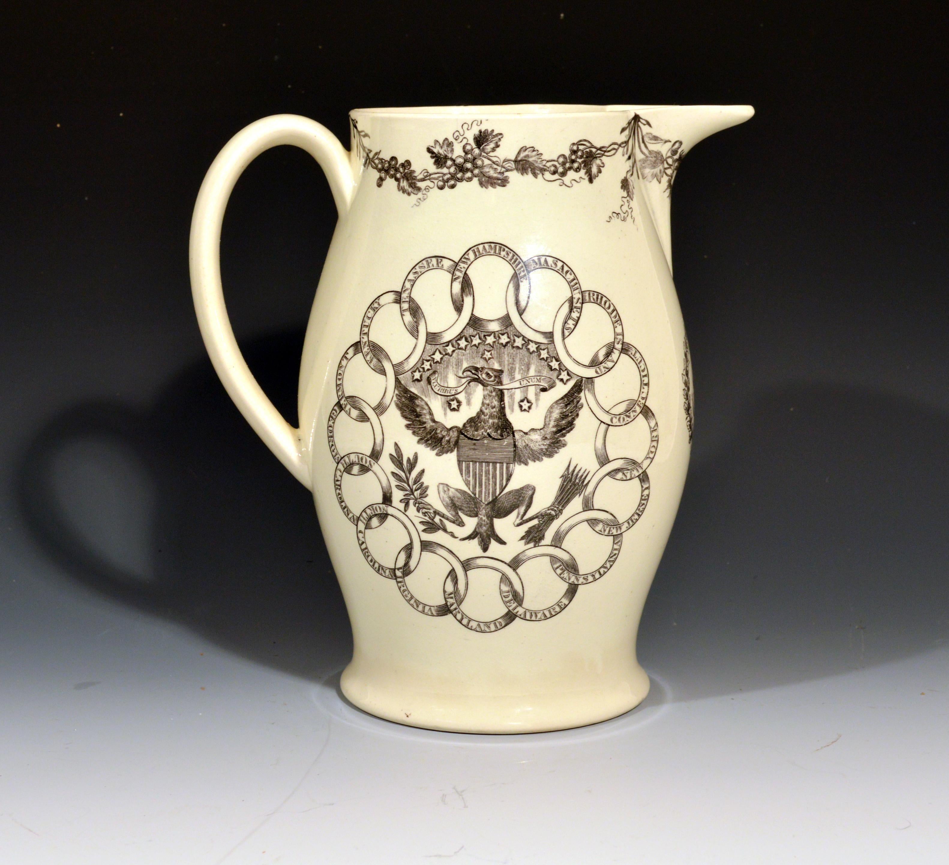 18th Century Creamware American-Market Ship Jug with Fifteen State and Eagle Design on Back