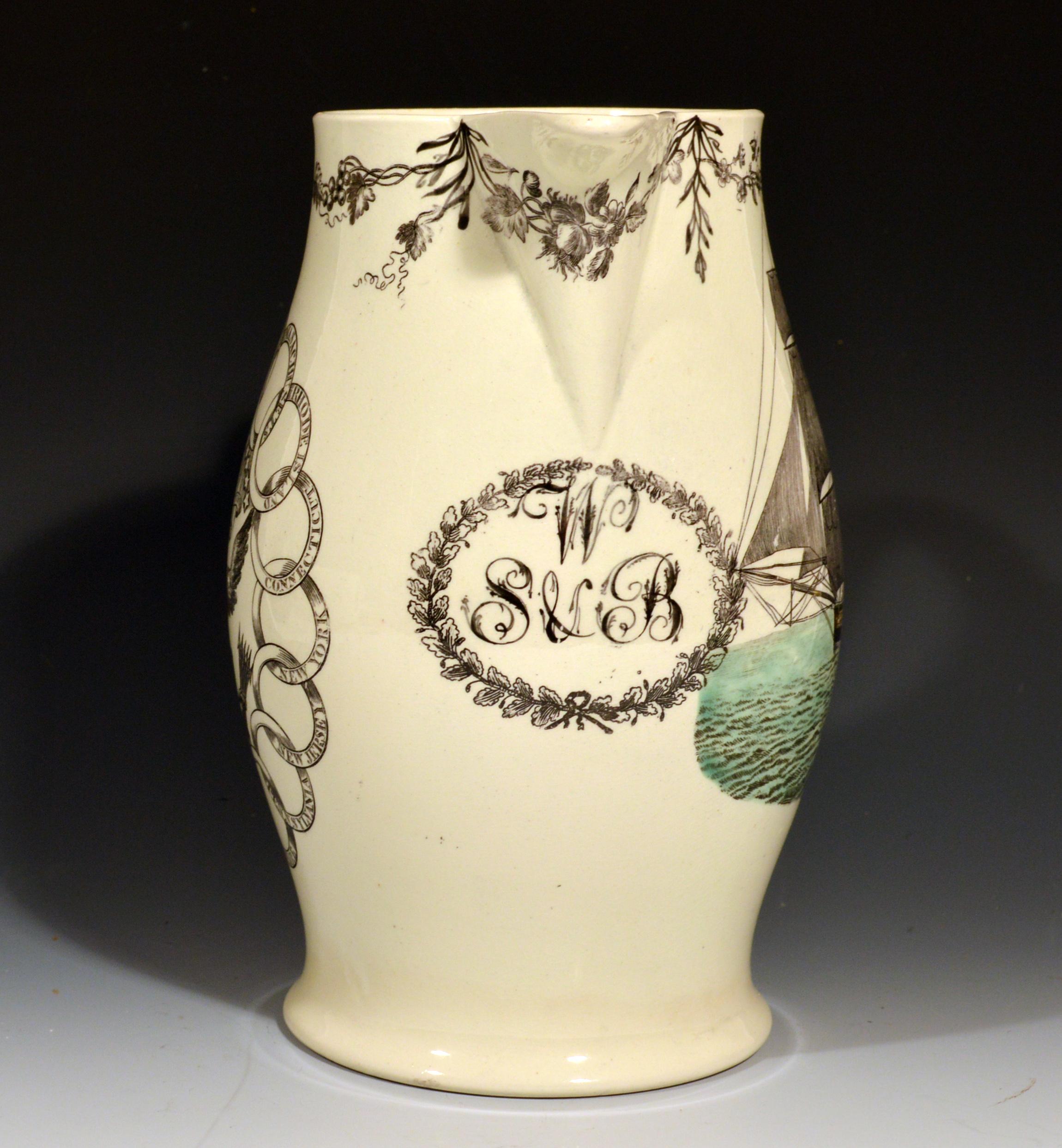 Creamware American-Market Ship Jug with Fifteen State and Eagle Design on Back 1