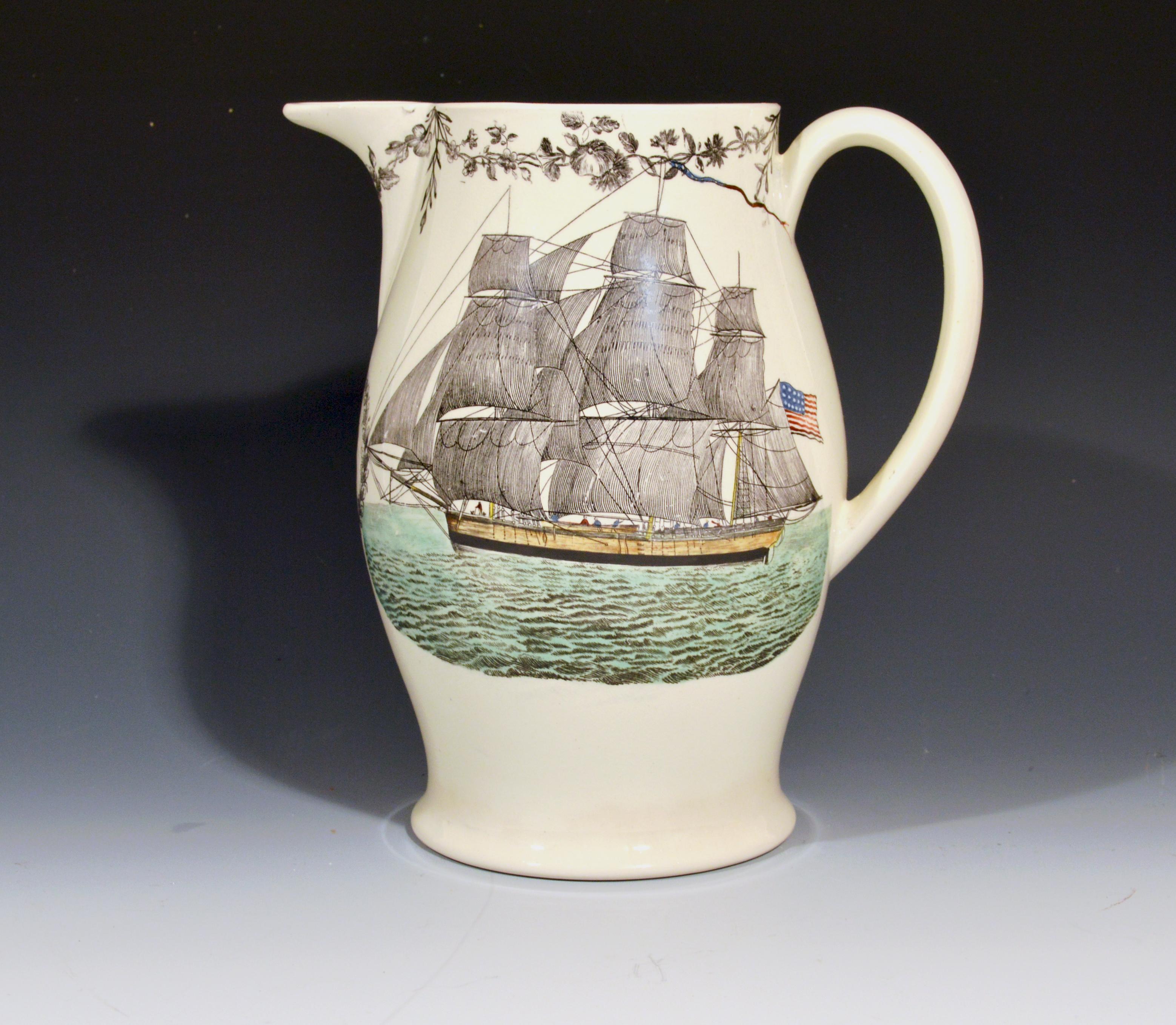 Creamware American-Market Ship Jug with Fifteen State and Eagle Design on Back 2