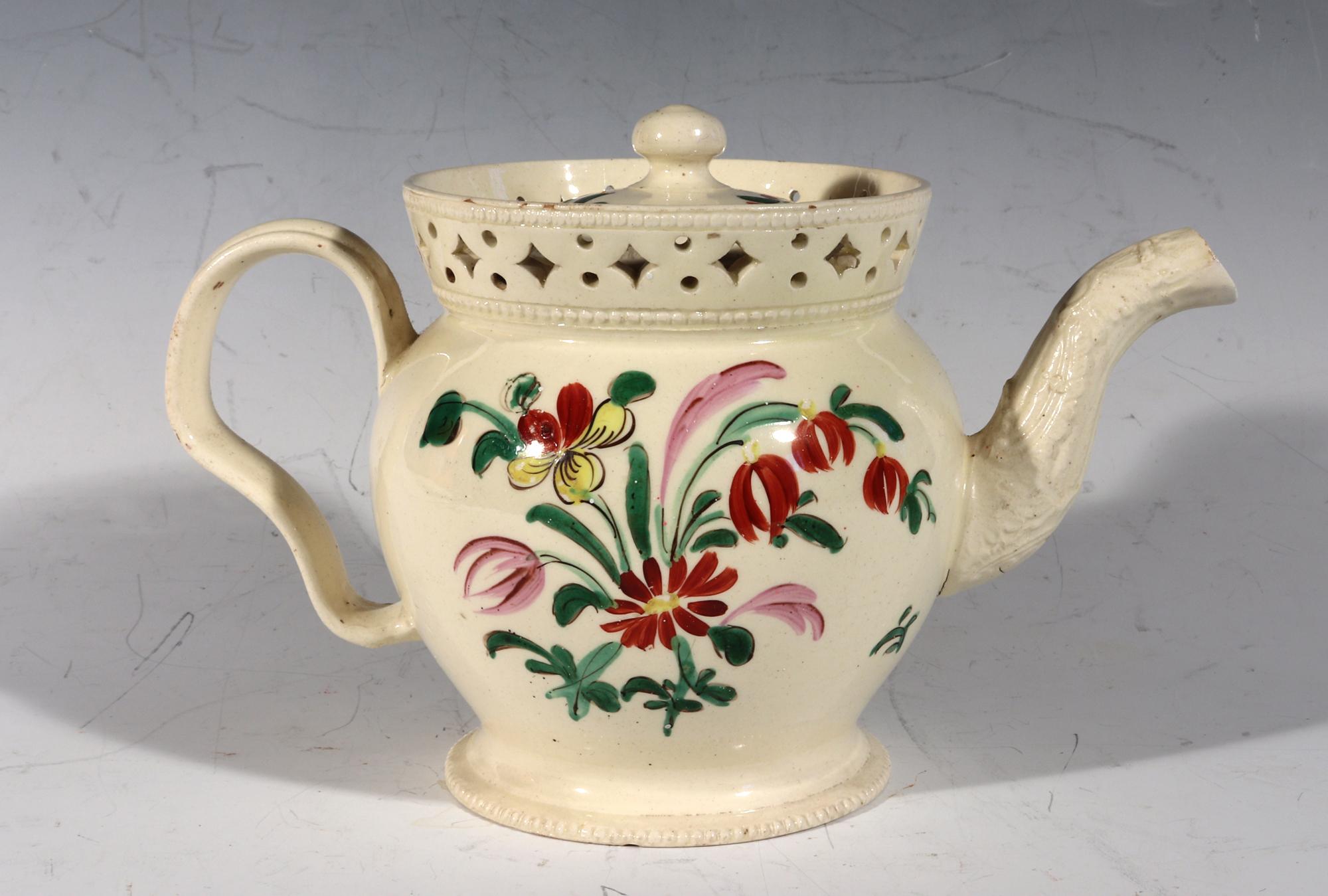 Georgian Creamware Chinoiserie Teapot & Cover with Openwork Gallery For Sale