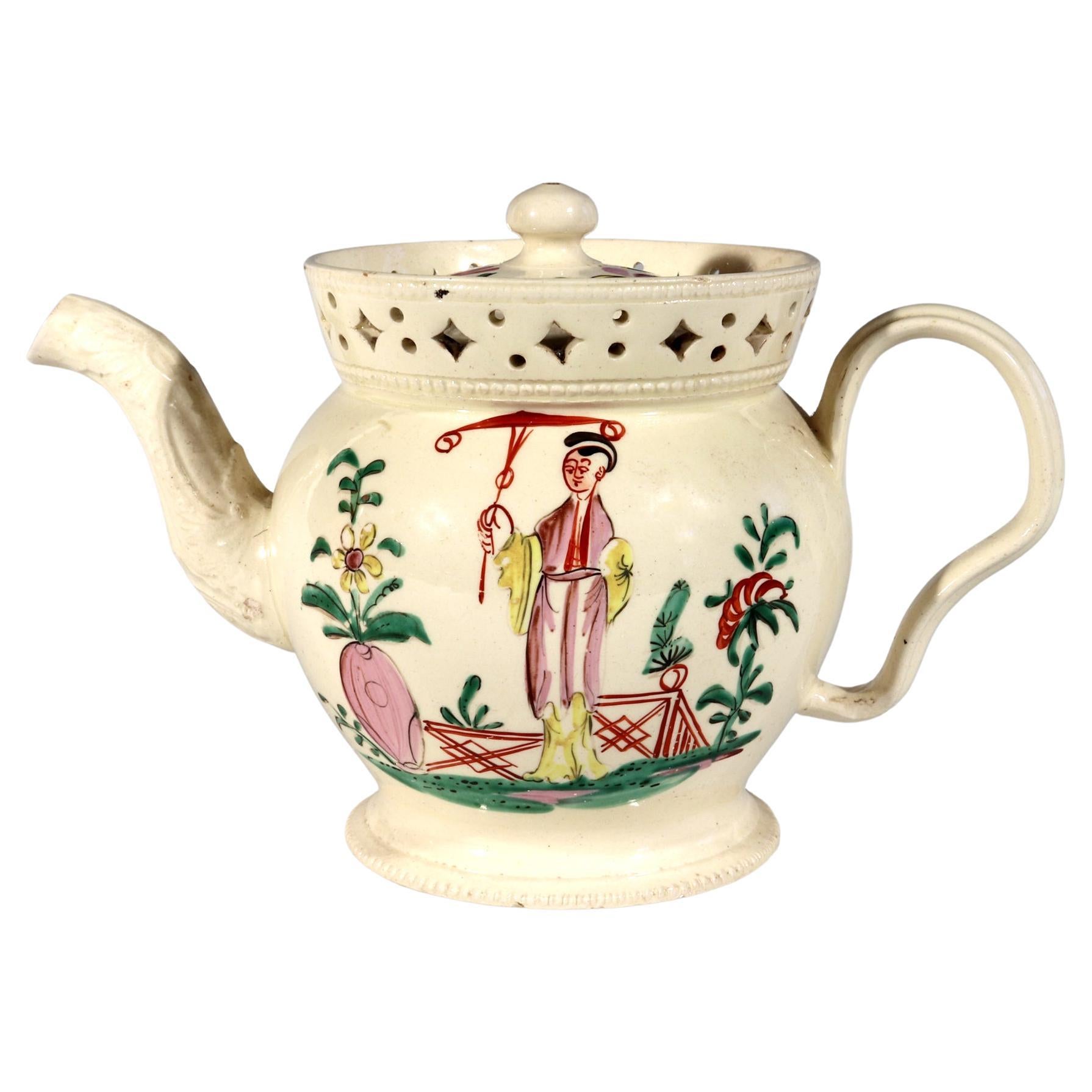 Creamware Chinoiserie Teapot & Cover with Openwork Gallery For Sale