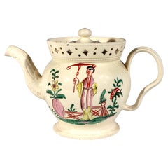 Antique Creamware Chinoiserie Teapot & Cover with Openwork Gallery