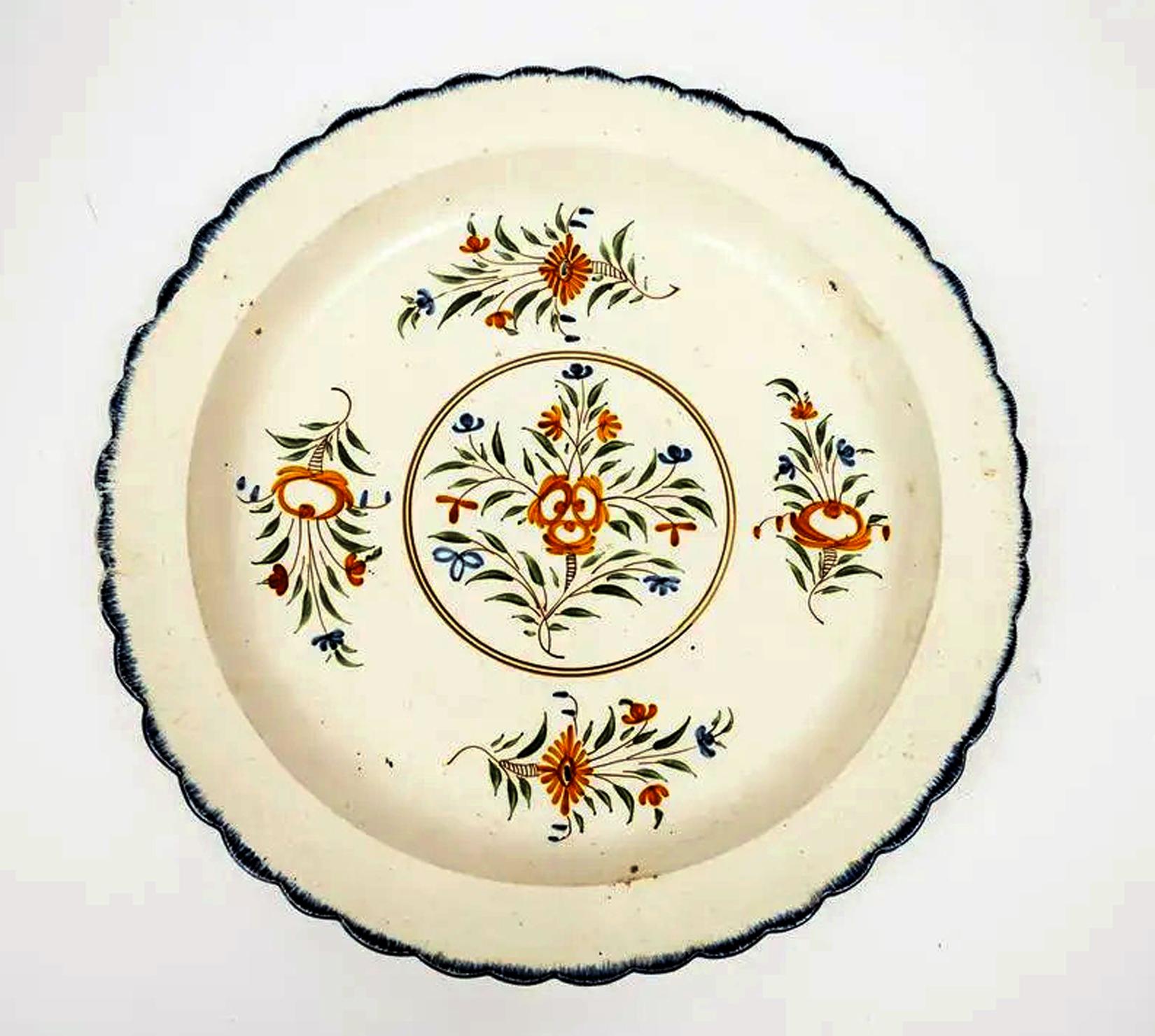 18th Century Creamware Pottery Large Dish with Polychrome Botanical Decoration For Sale