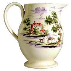 Creamware Large Jug Decorated with Farm Buildings and Farm Animals