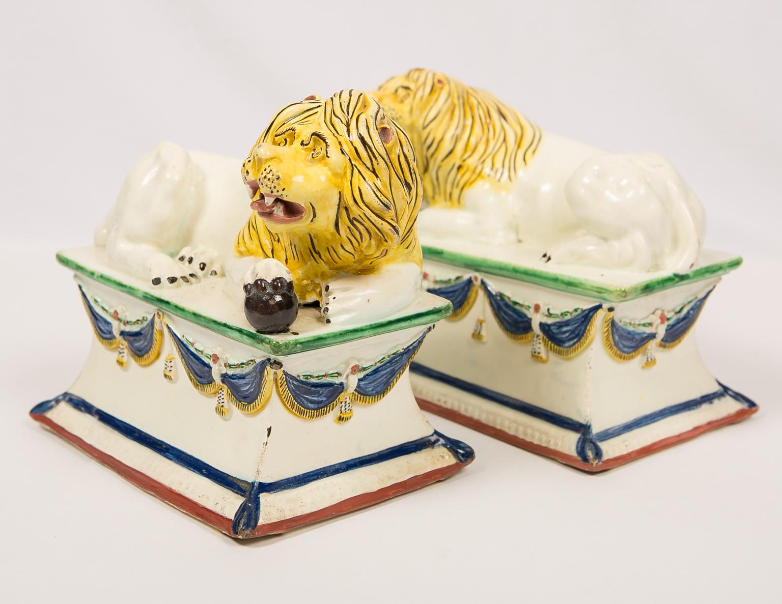 Hand-Painted Antique French Creamware Lions 18th Century For Sale