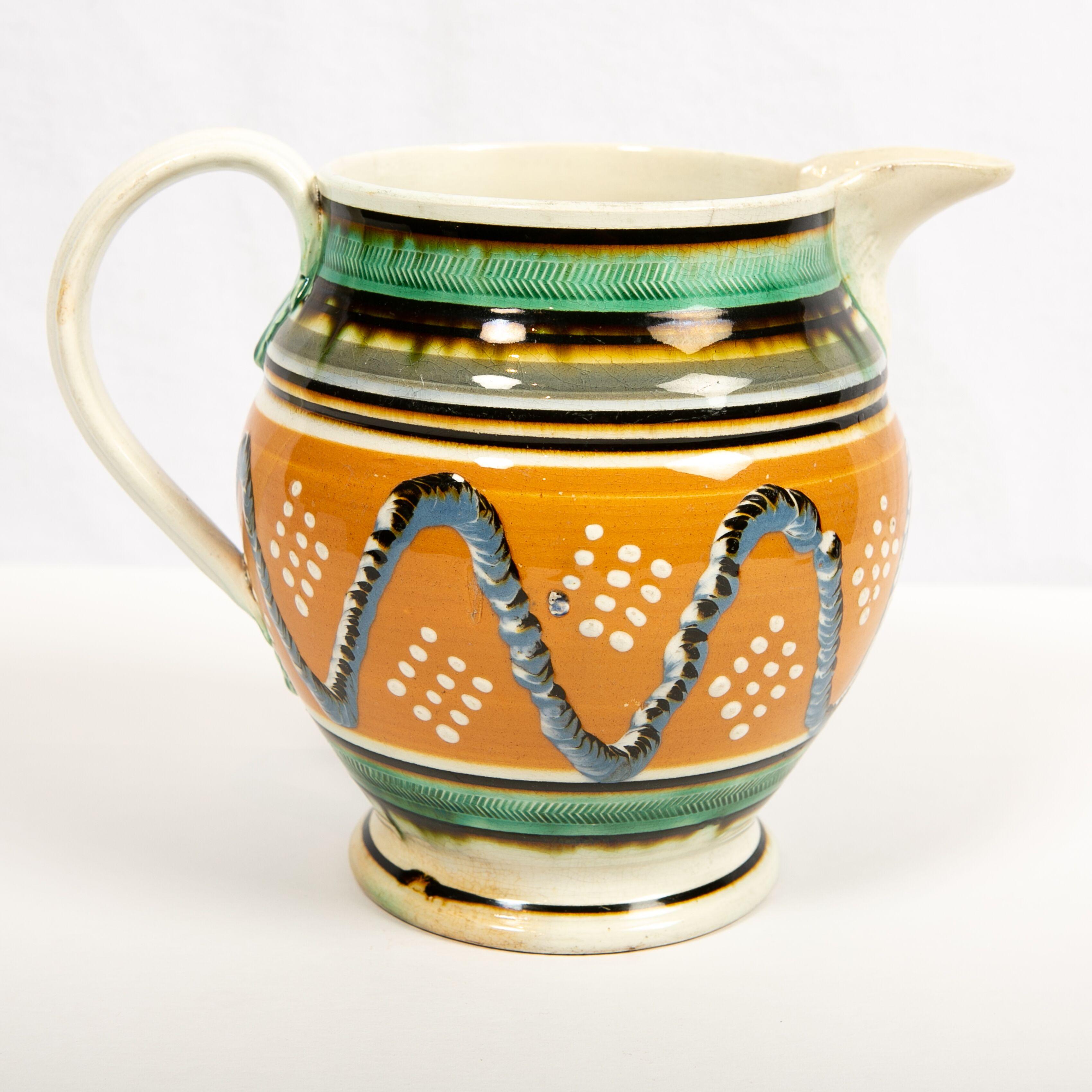 19th Century Creamware Mochaware Pitcher Decorated with Cable and Dot Decoration, England