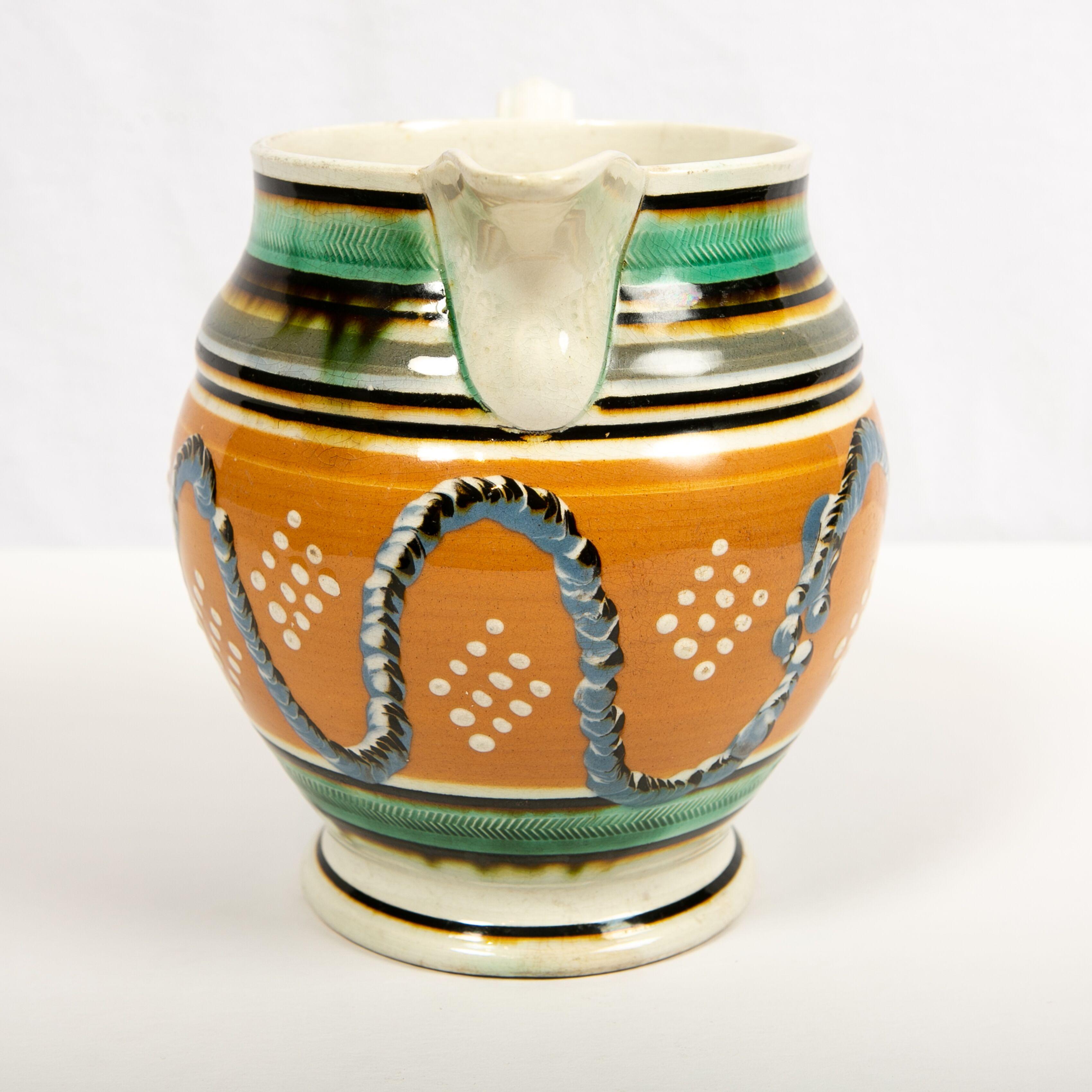 Earthenware Creamware Mochaware Pitcher Decorated with Cable and Dot Decoration, England
