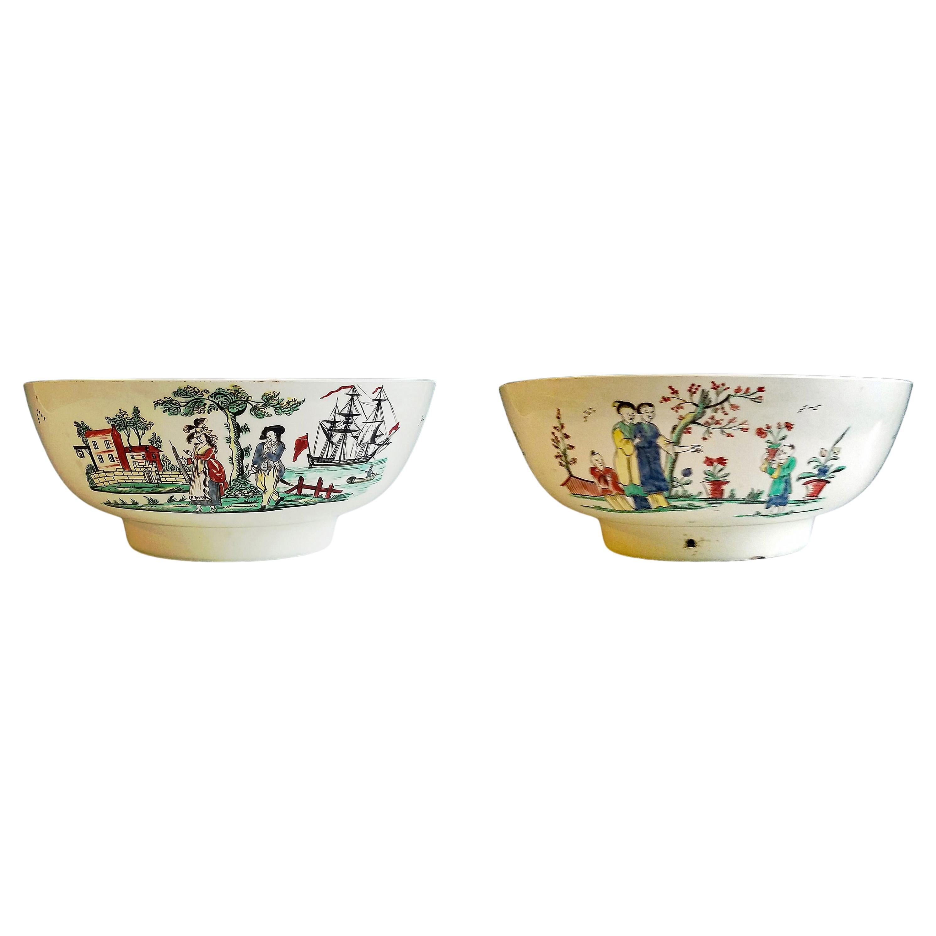 Creamware Pottery Sailor's Farewell and Chinoiserie Punch Bowl For Sale