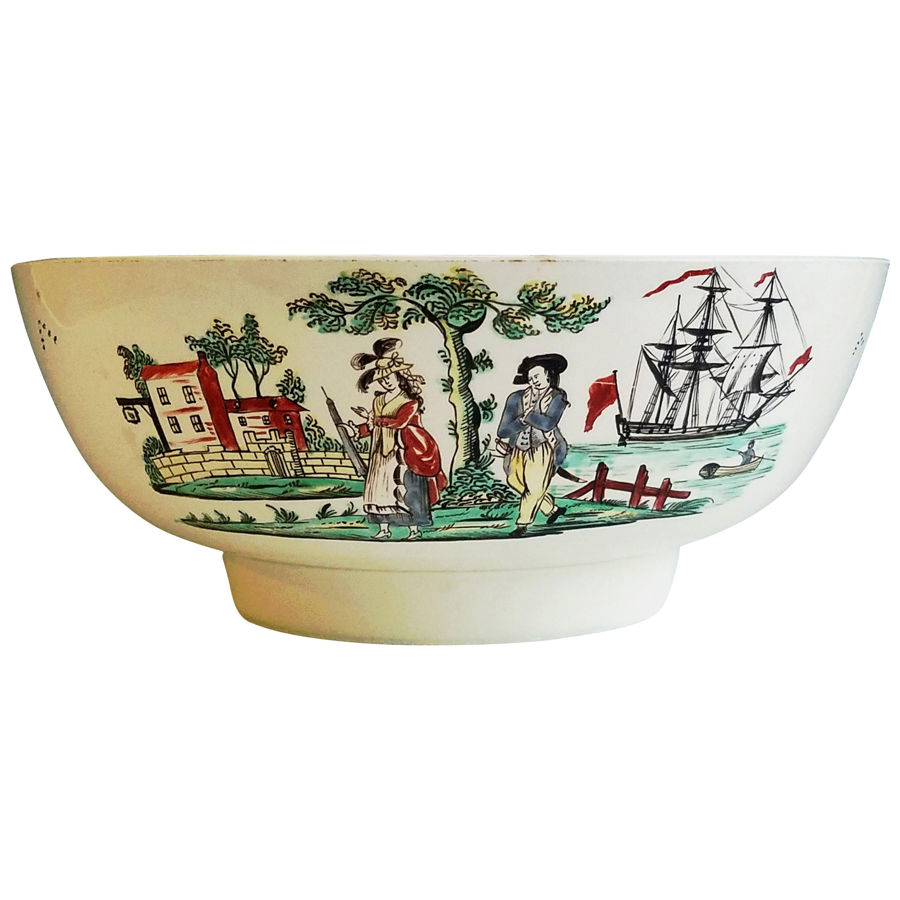 Creamware Pottery sailor's farewell punch bowl with Chinoiserie Scenes on Reverse, 
Late 18th Century

The large polychrome creamware bowl has a scene to one side depicting a sailor's farewell. The officer, with a sword in a scabbard to his right