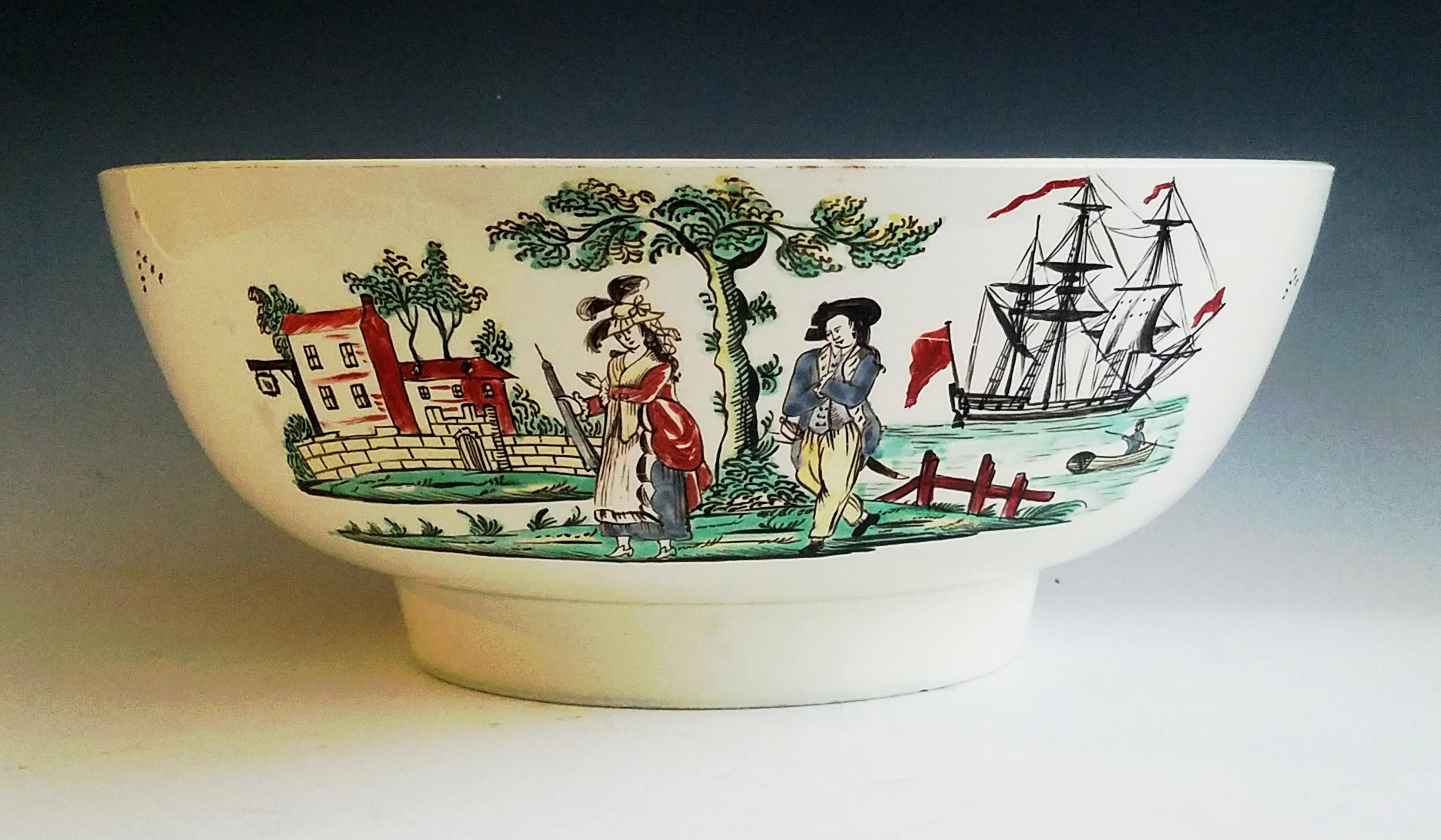 Creamware Pottery Sailor's Farewell and Chinoiserie Punch Bowl For Sale 1