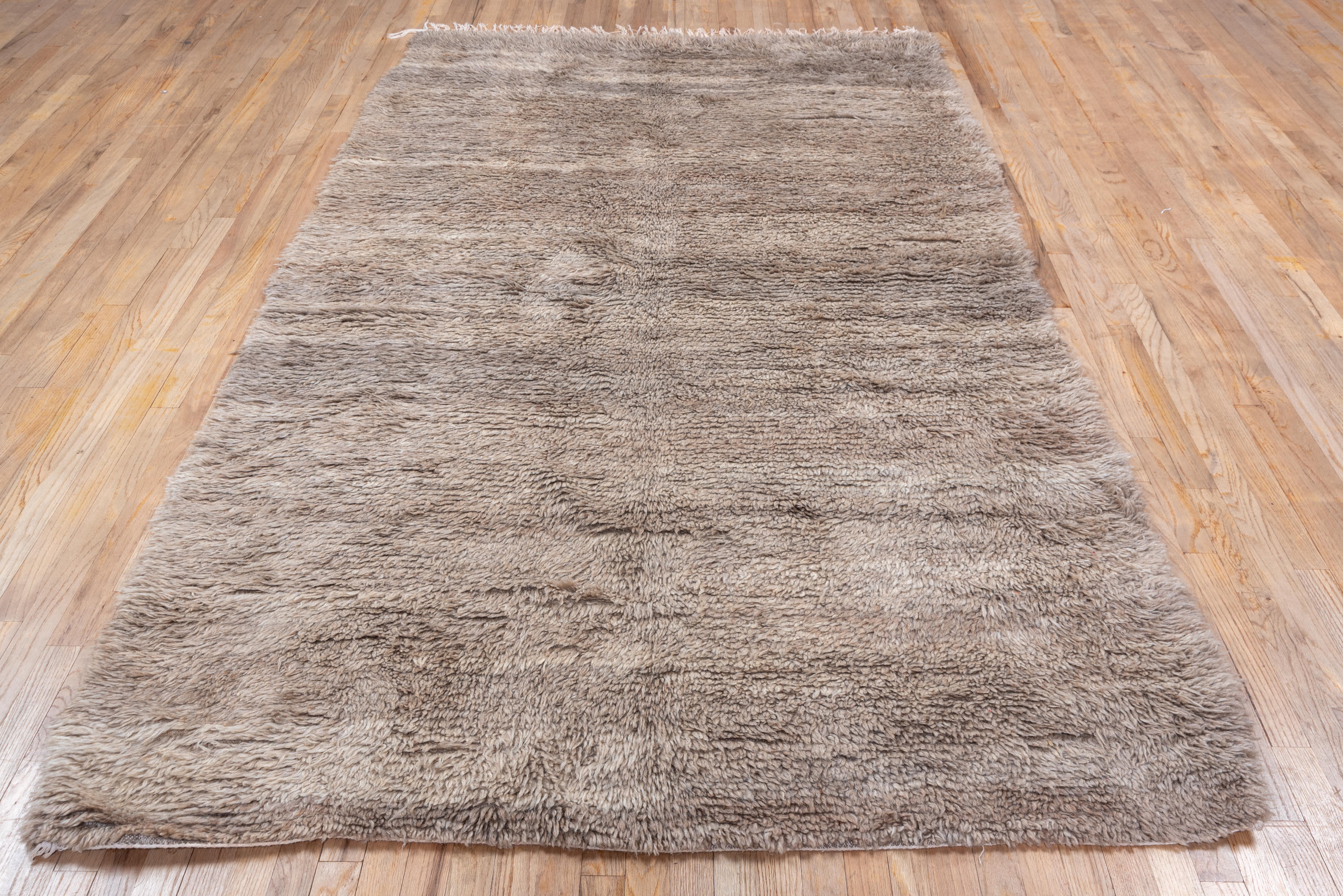 Creamy Brown Wool Moroccan Rug in Allover Solid Field For Sale 1