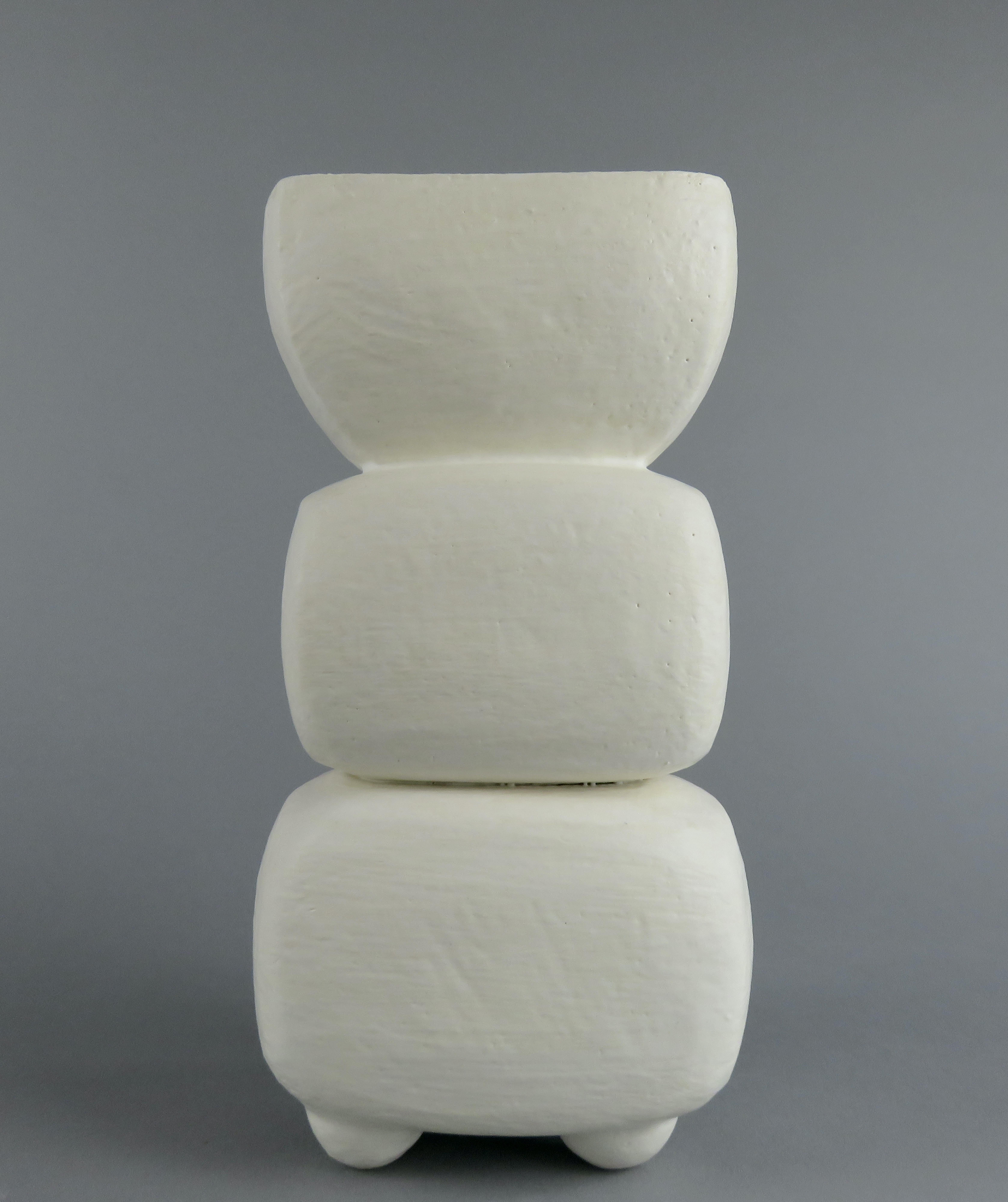 Creamy White 3-Part Totem, Rectangular Cup on Top, Hand Built Ceramic Sculpture For Sale 2