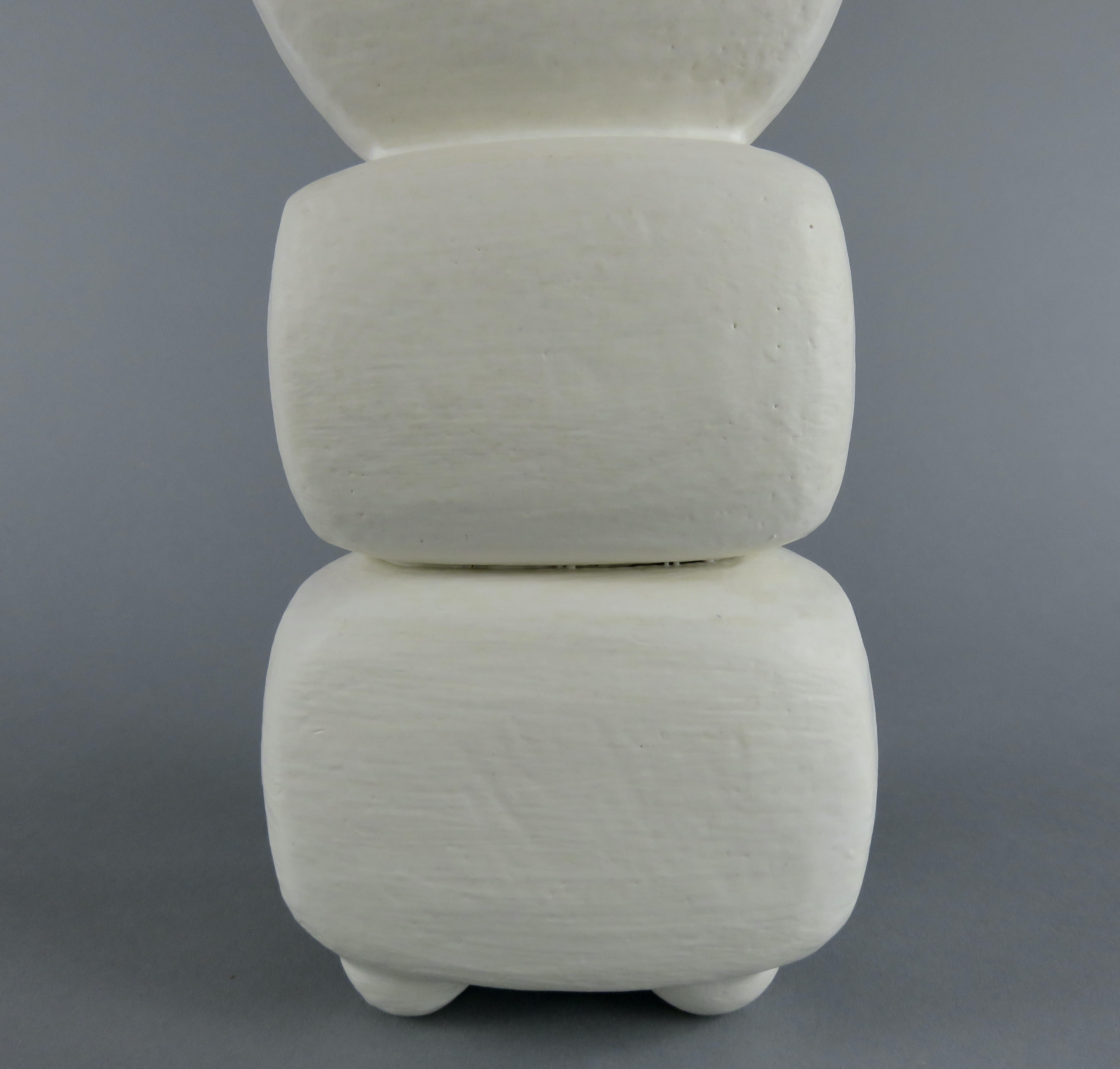 Creamy White 3-Part Totem, Rectangular Cup on Top, Hand Built Ceramic Sculpture For Sale 3