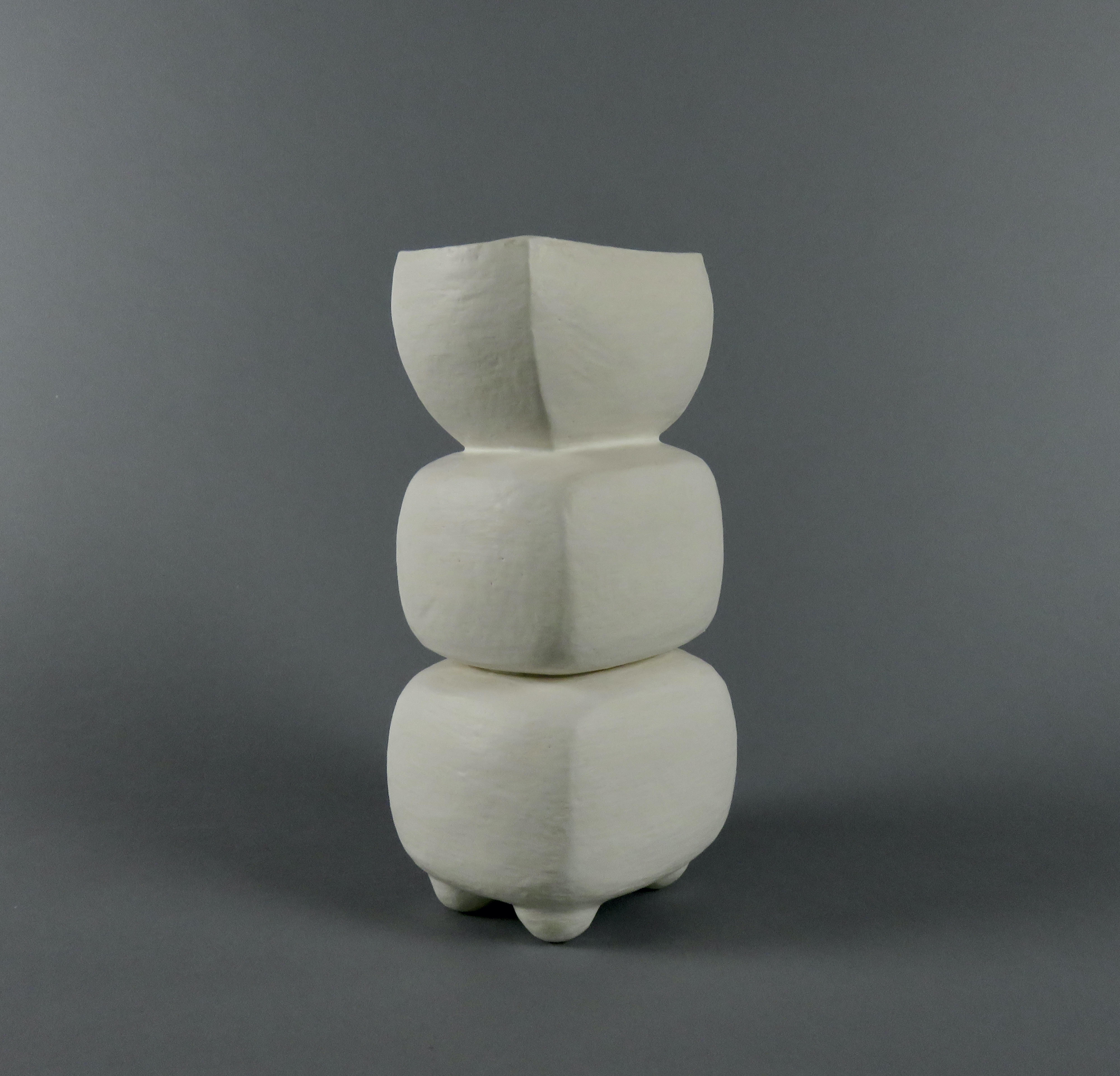 Mid-Century Modern Creamy White 3-Part Totem, Rectangular Cup on Top, Hand Built Ceramic Sculpture For Sale
