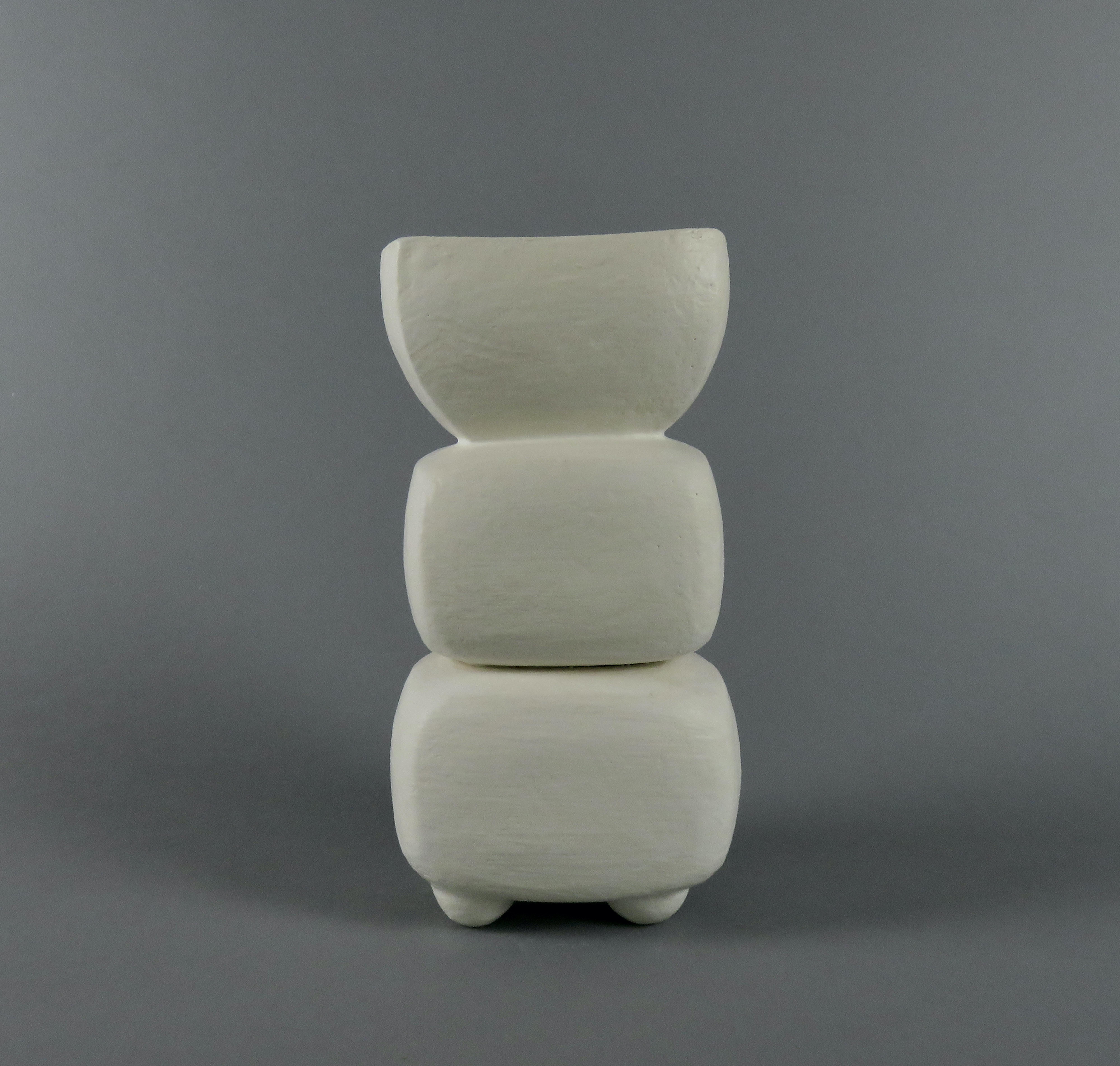 American Creamy White 3-Part Totem, Rectangular Cup on Top, Hand Built Ceramic Sculpture For Sale