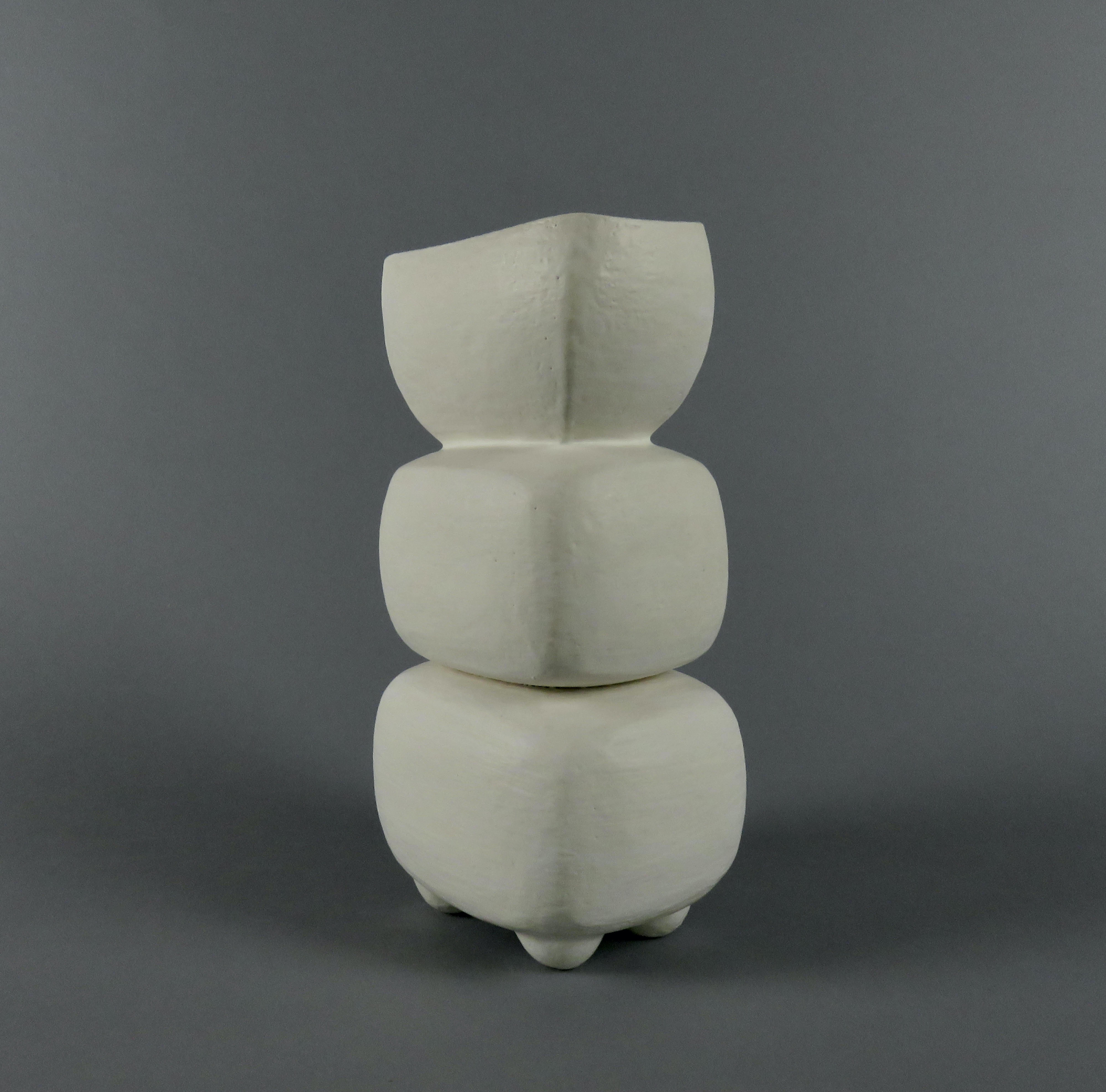Glazed Creamy White 3-Part Totem, Rectangular Cup on Top, Hand Built Ceramic Sculpture For Sale