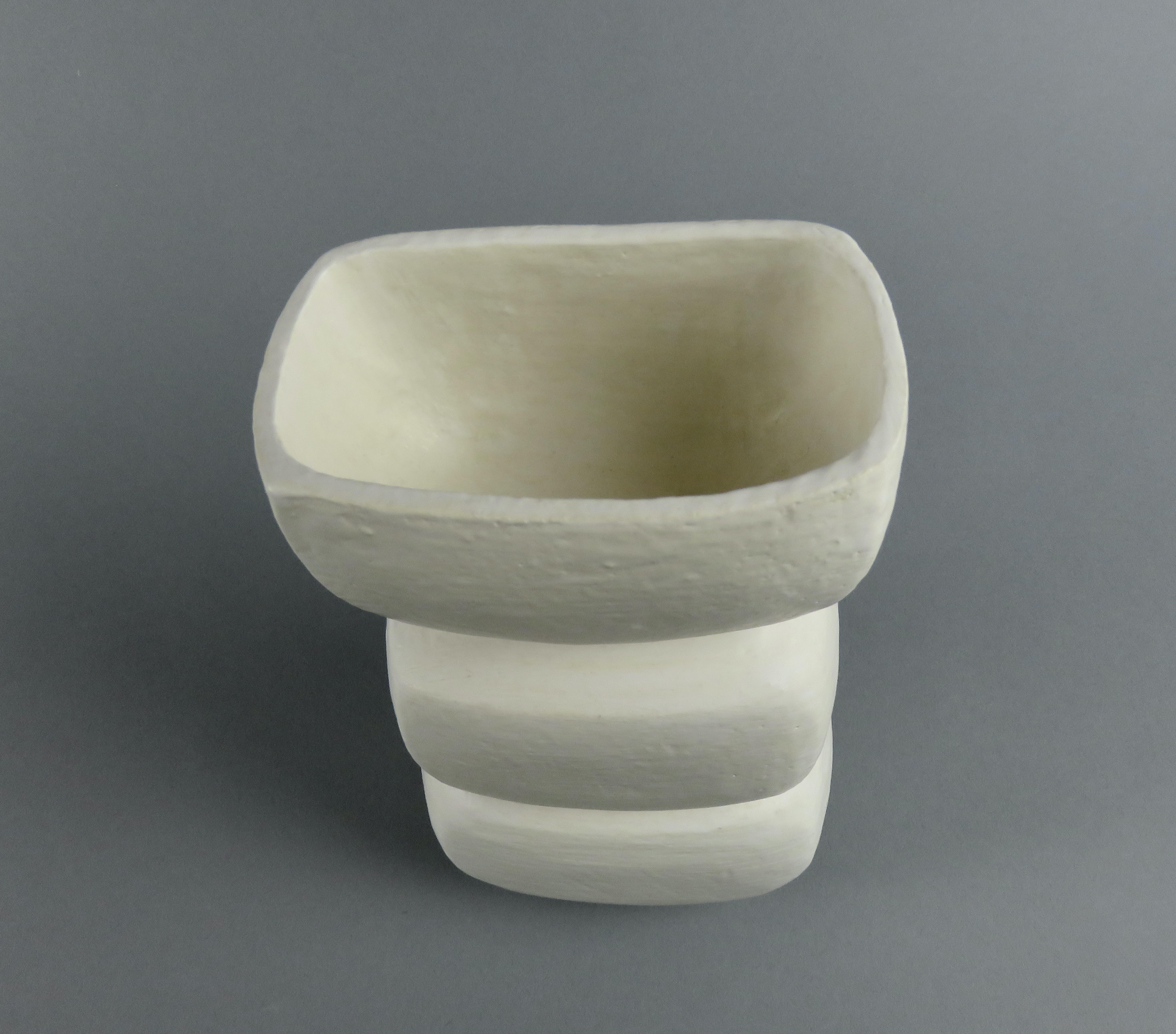 Creamy White 3-Part Totem, Rectangular Cup on Top, Hand Built Ceramic Sculpture In New Condition For Sale In New York, NY