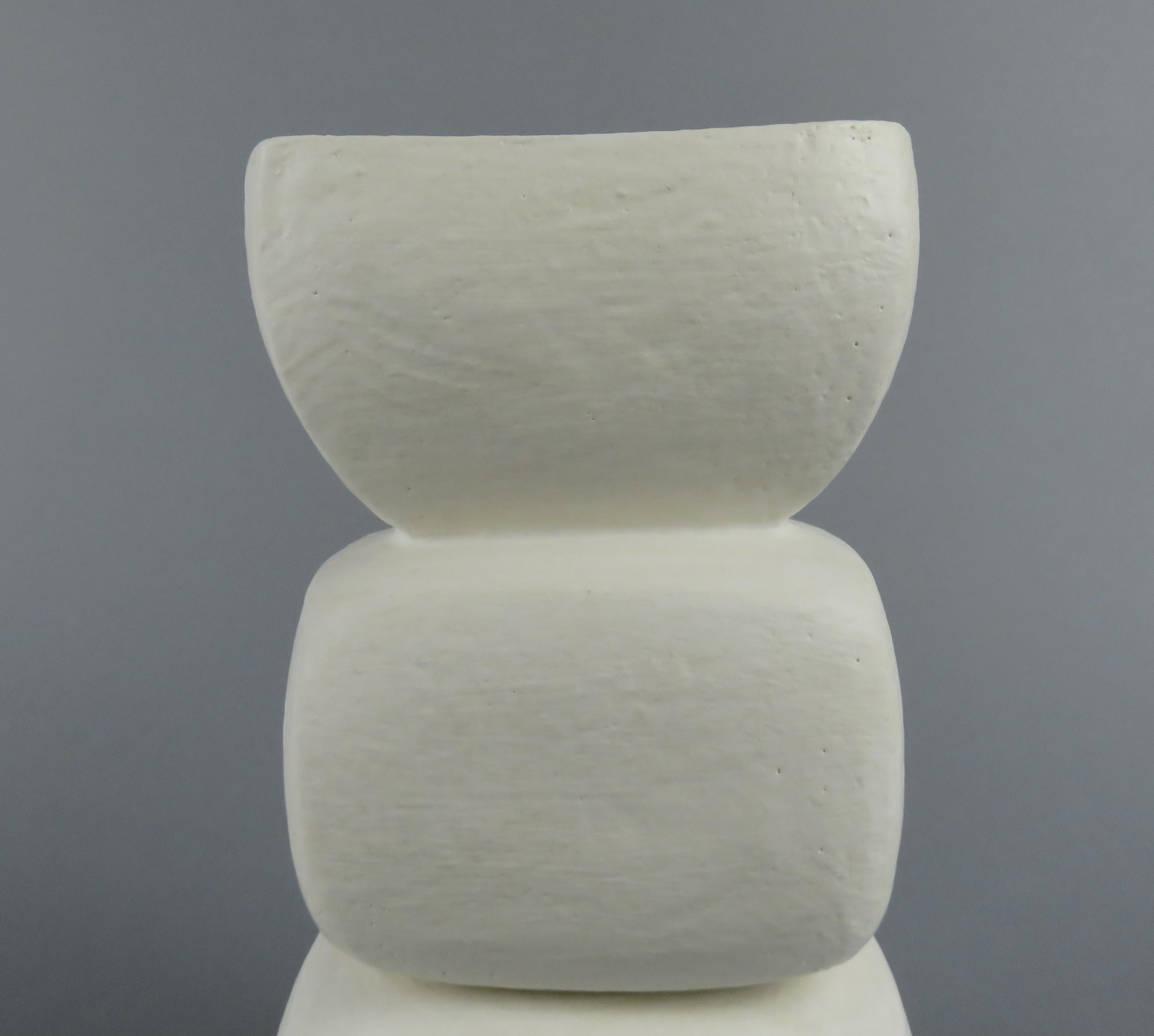 Creamy White 3-Part Totem, Rectangular Cup on Top, Hand Built Ceramic Sculpture For Sale 1