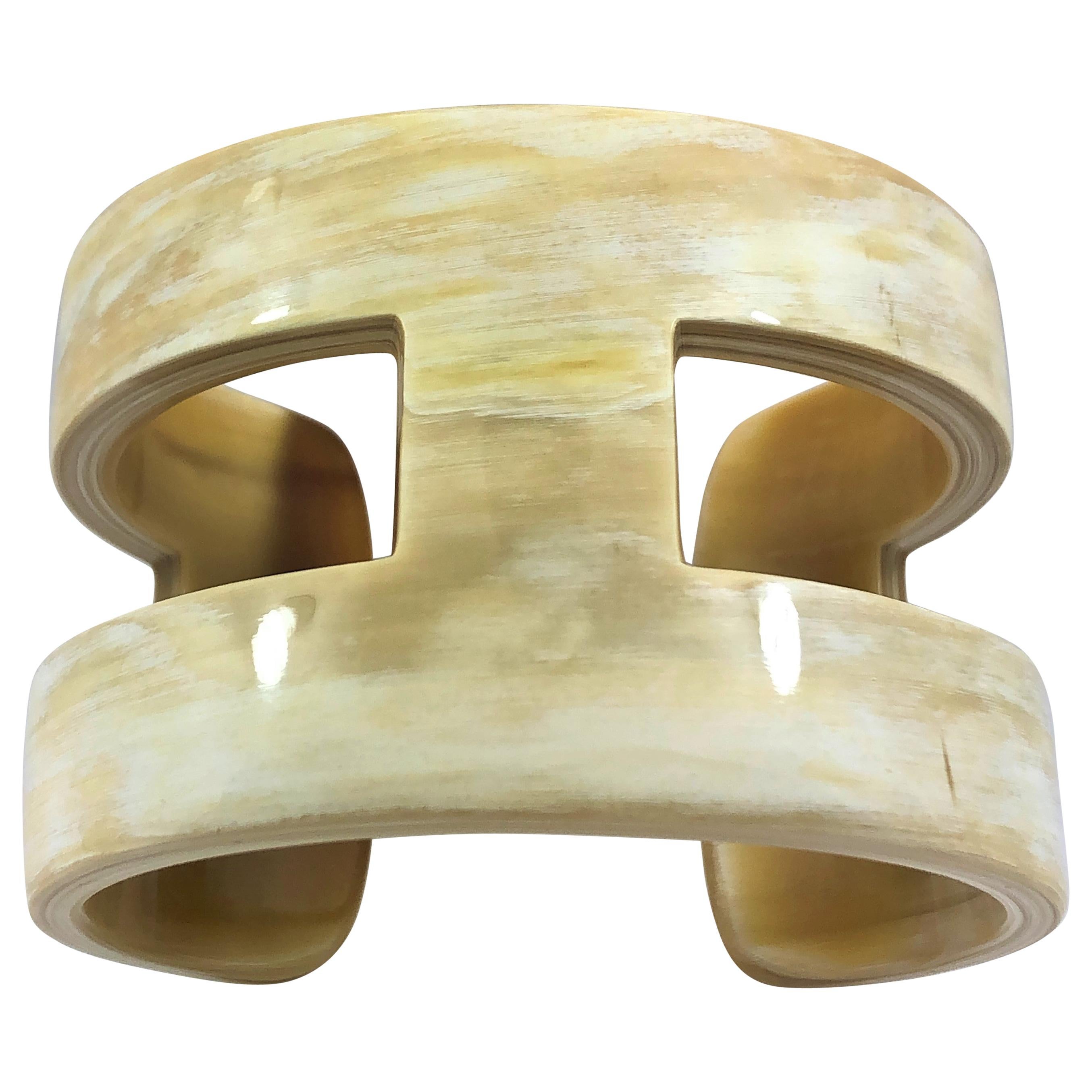 Creamy White "H" Style Horn Cuff or Bangle with Natural Characteristic Graining