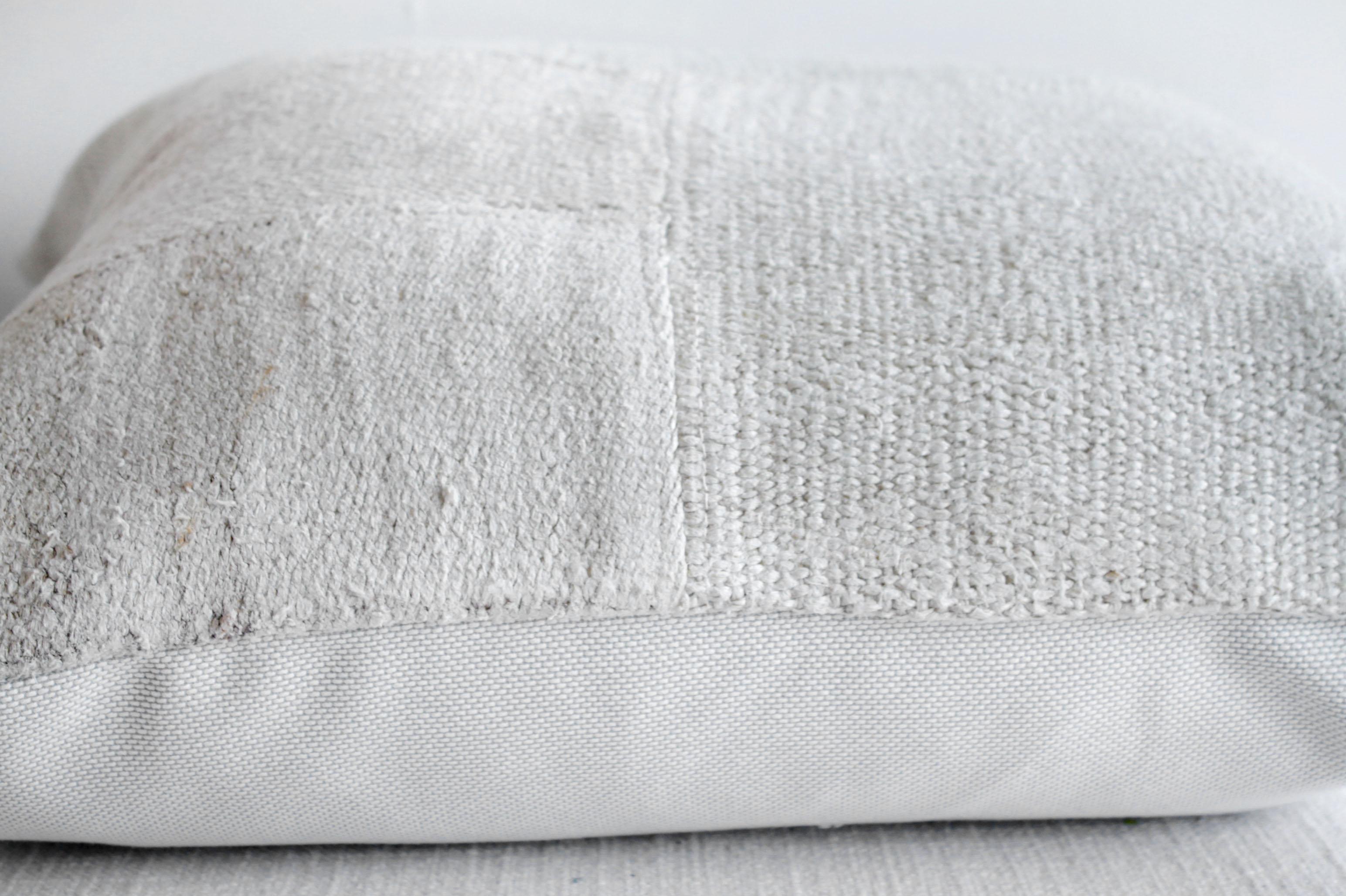 Cotton Creamy White Turkish Hemp Rug Pillow with Patchwork Style