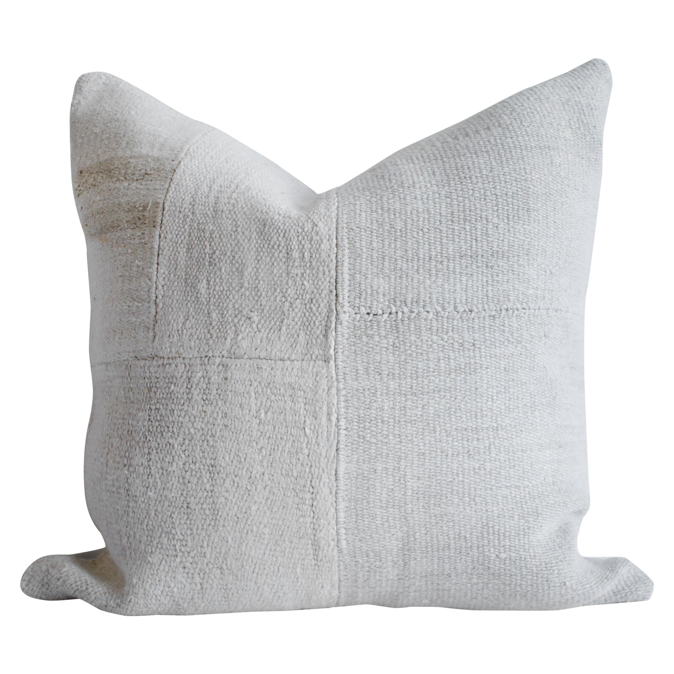 Creamy White Turkish Hemp Rug Pillow with Patchwork Style