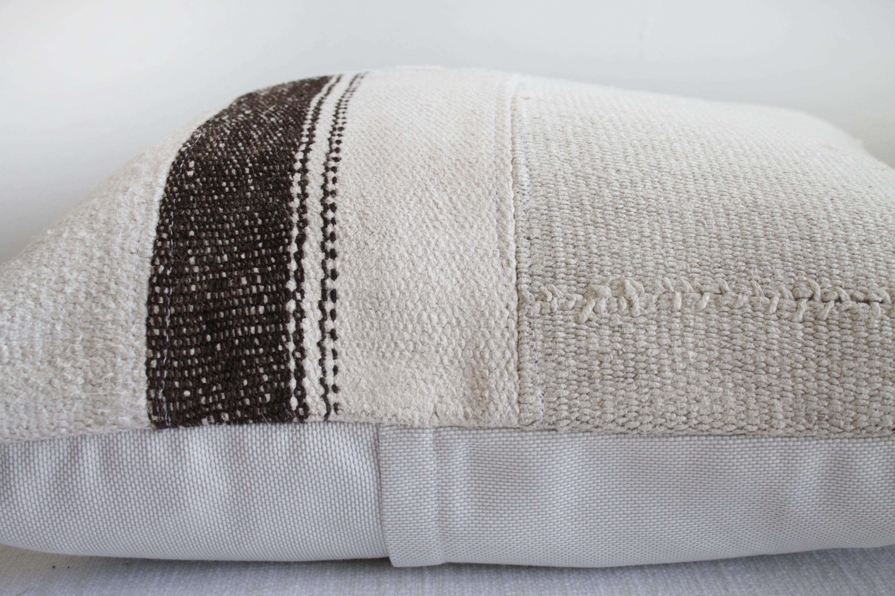 Wool Creamy White Turkish Rug Pillow with Brown Stripes and Patchwork Style