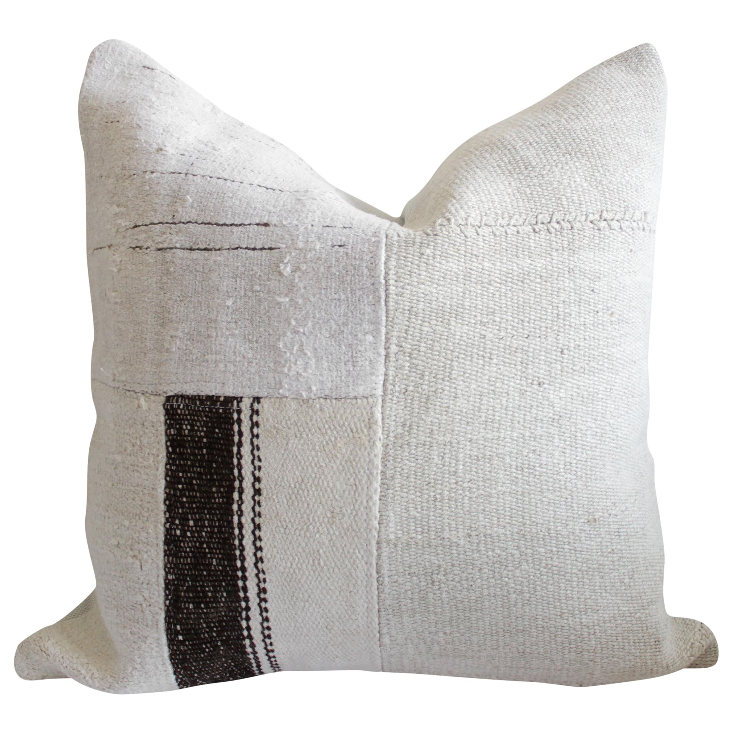 Creamy White Turkish Rug Pillow with Brown Stripes and Patchwork Style