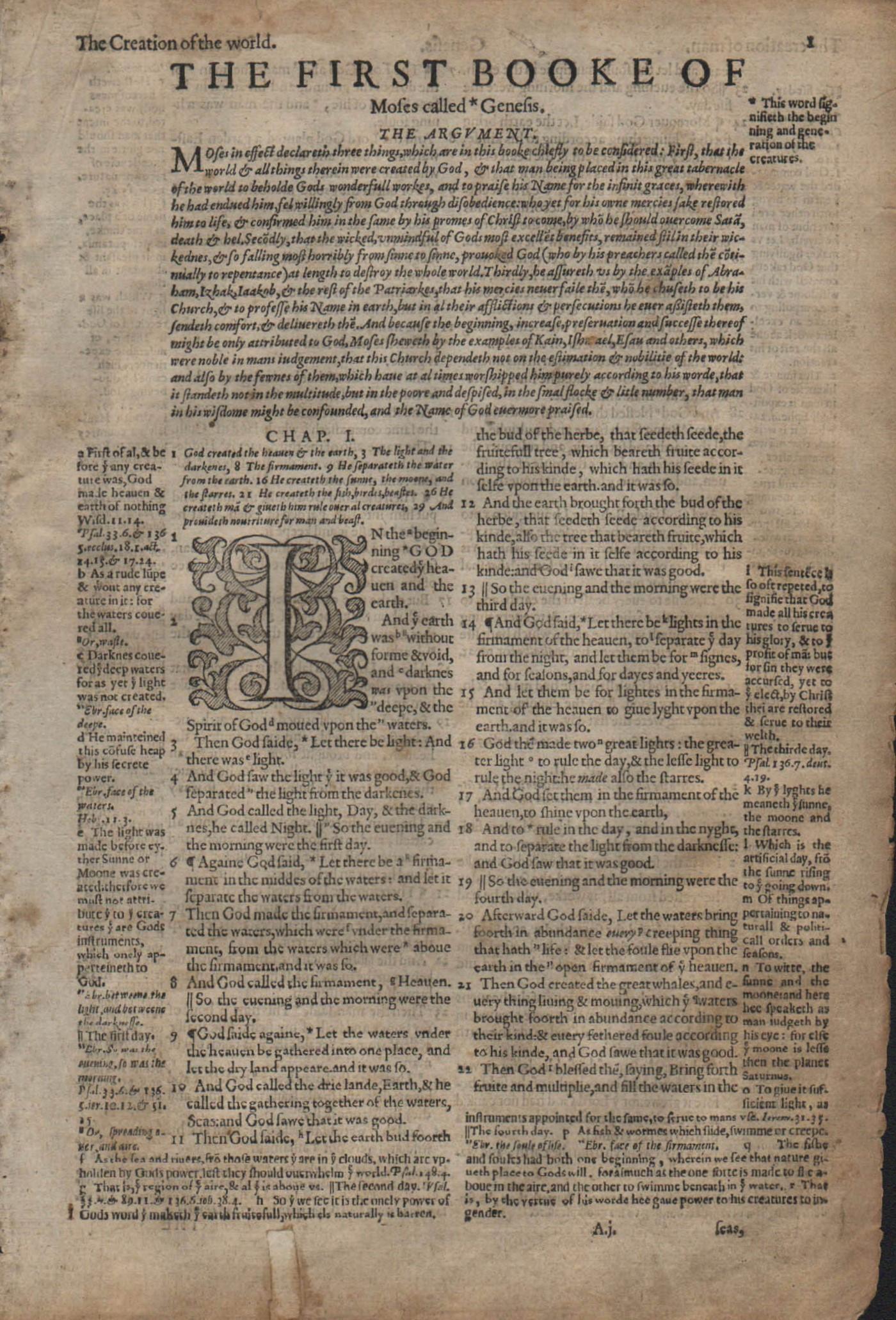 GENESIS 1-2. Title (1:1-2:25). Printed in London by Christopher Barker, 1577. Small folio 10.5