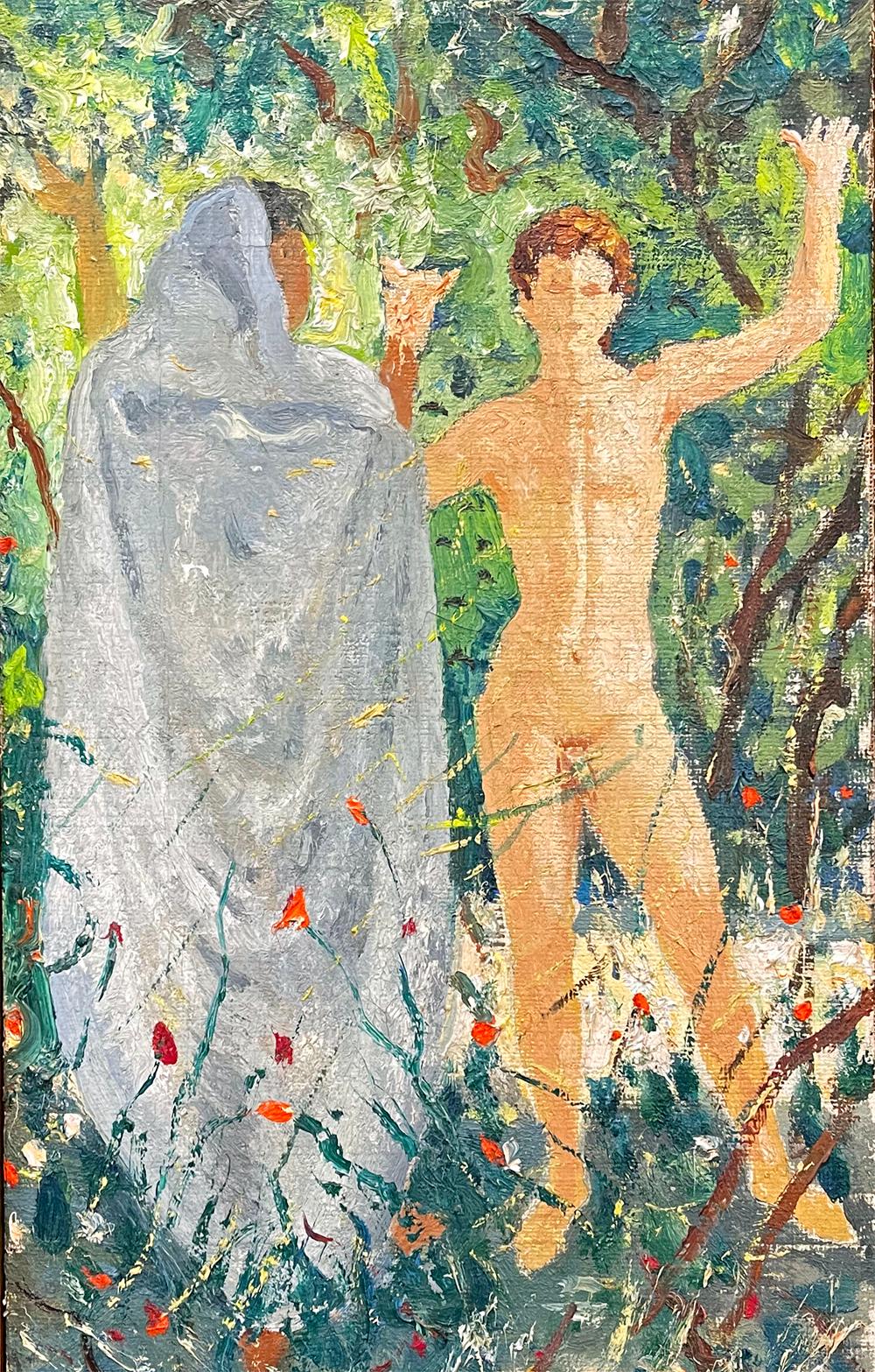 Beautifully painted by Giovanni Colacicchi in rich, verdant colors, this depiction of a nude, youthful Adam figure in the midst of the Garden of Eden, accompanied by God in a hooded, white robe, is a lovely example of the figural and landscape